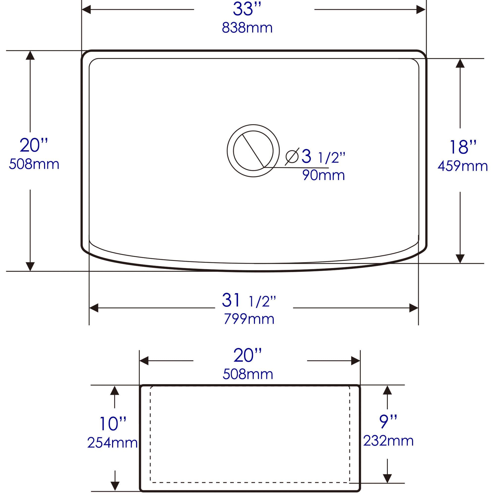 ALFI brand ABFC3320S ABFC3320S-W White Smooth Curved Apron 33" x 20" Single Bowl Fireclay Farm Sink with Grid