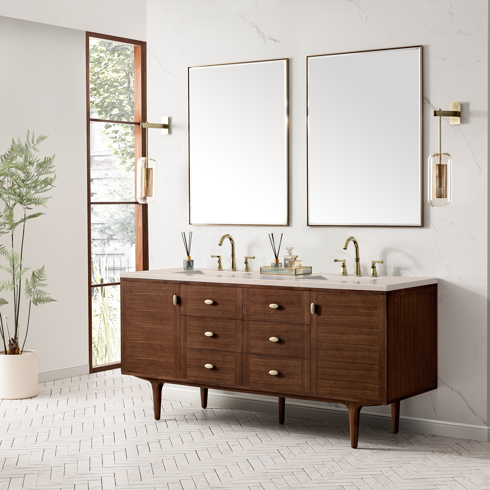 James Martin Amberly 72" Double Vanity in Mid-Century Walnut with 3cm Countertop