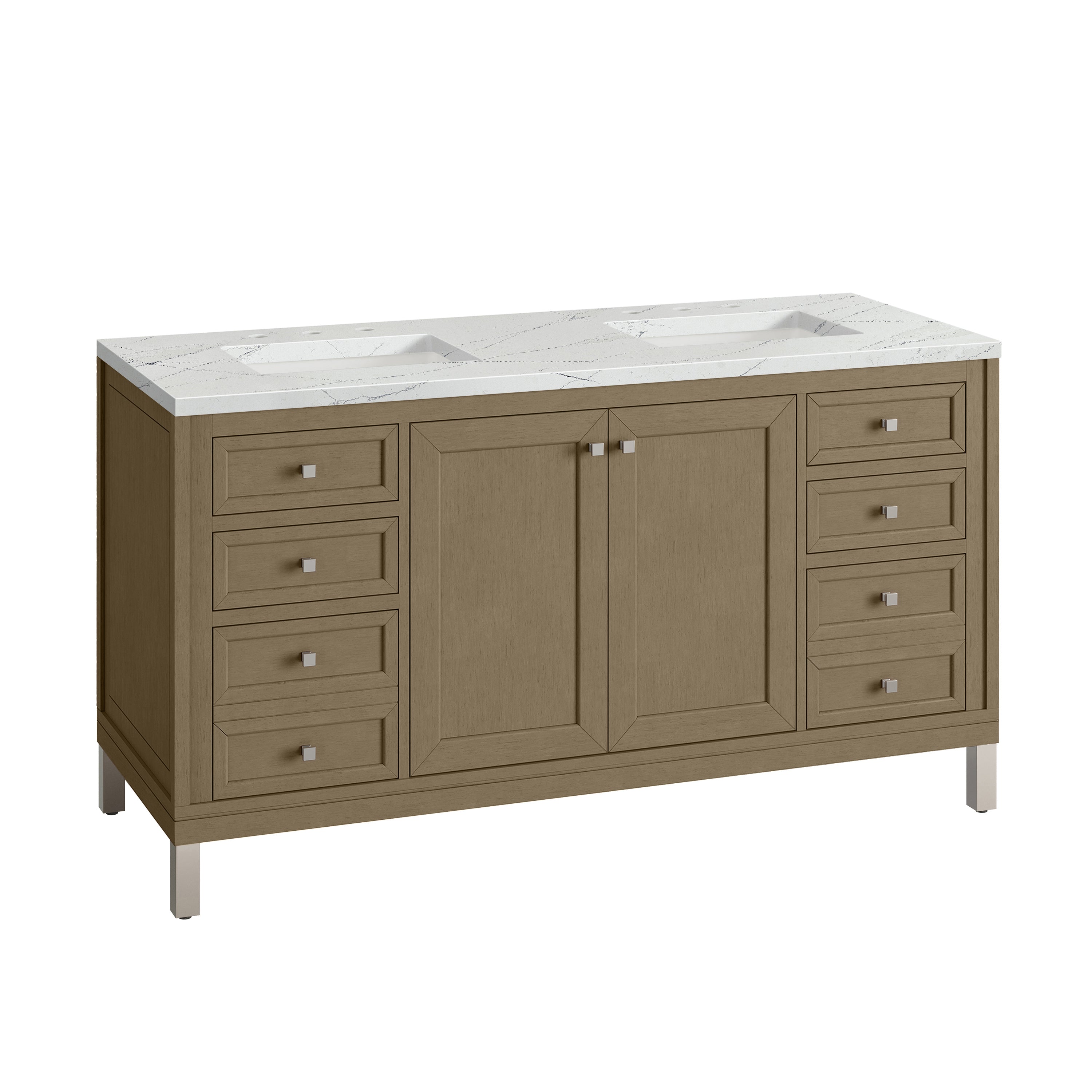 James Martin Chicago 60" Double Vanity in Walnut Whisper with 3cm Countertop and FreePower Wireless Charger