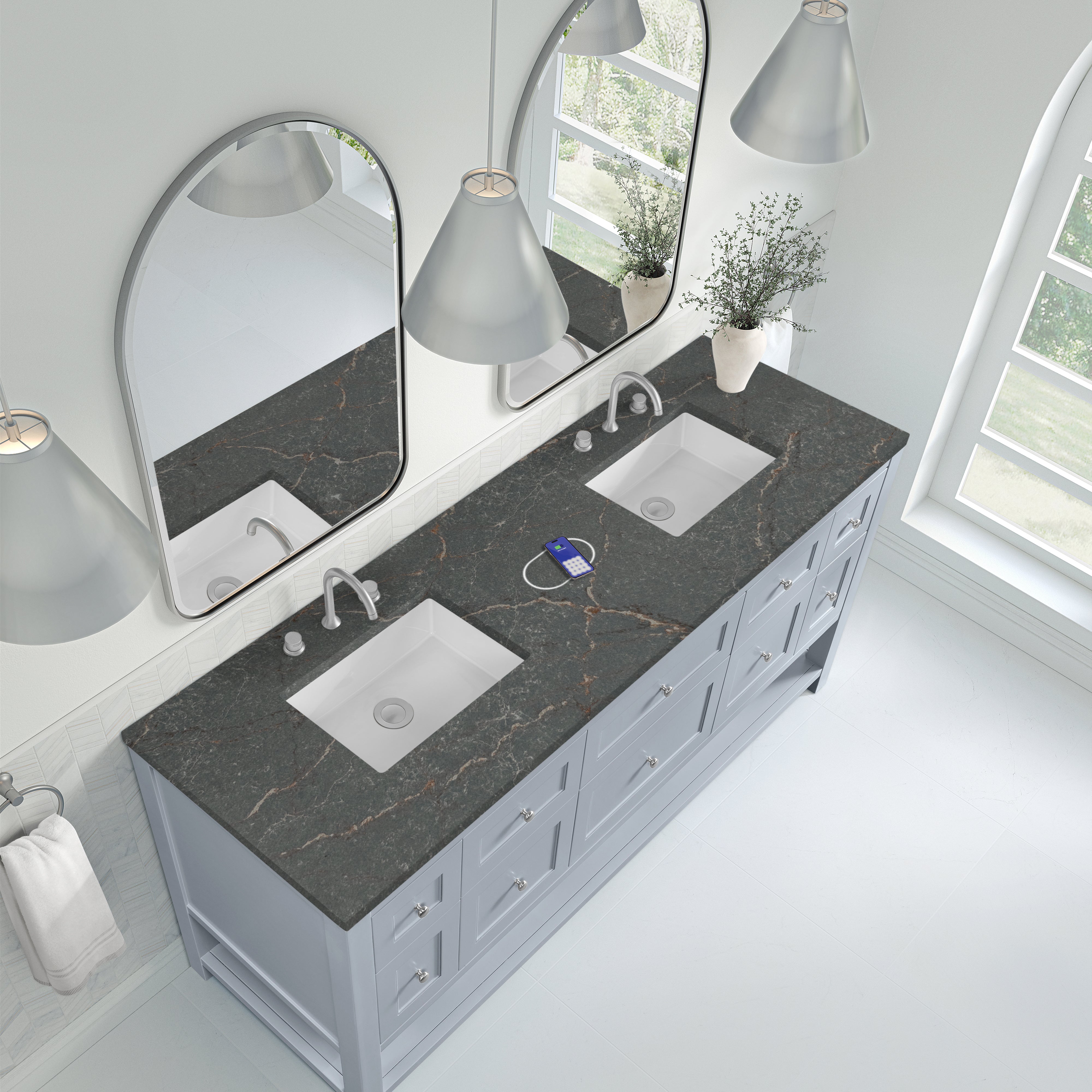 James Martin Breckenridge 72" Double Vanity in Serenity Blue with 3cm Countertop and FreePower Wireless Charger