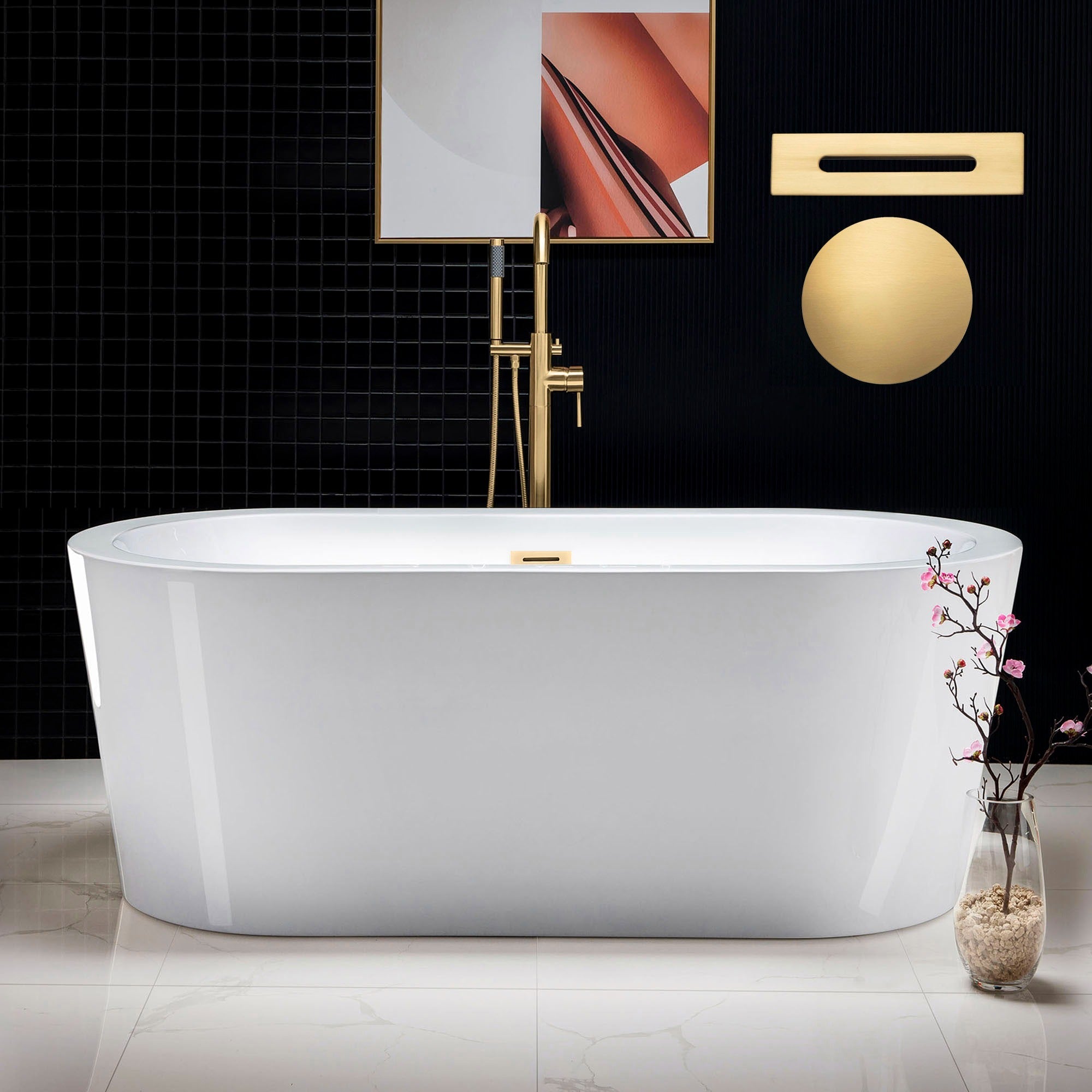WOODBRIDGE 59" Acrylic Freestanding Bathtub Contemporary Soaking Tub with with Drain & Overflow, B0012
