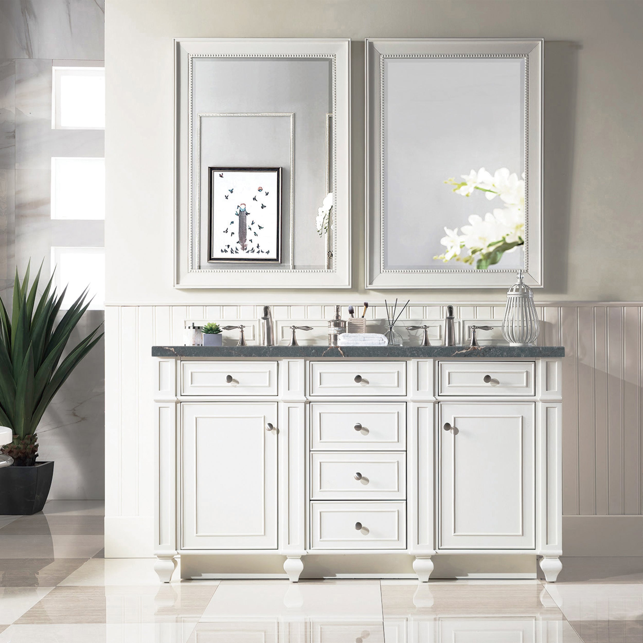 James Martin Bristol 60" Double Vanity in Bright White with 3cm Countertop and FreePower Wireless Charger