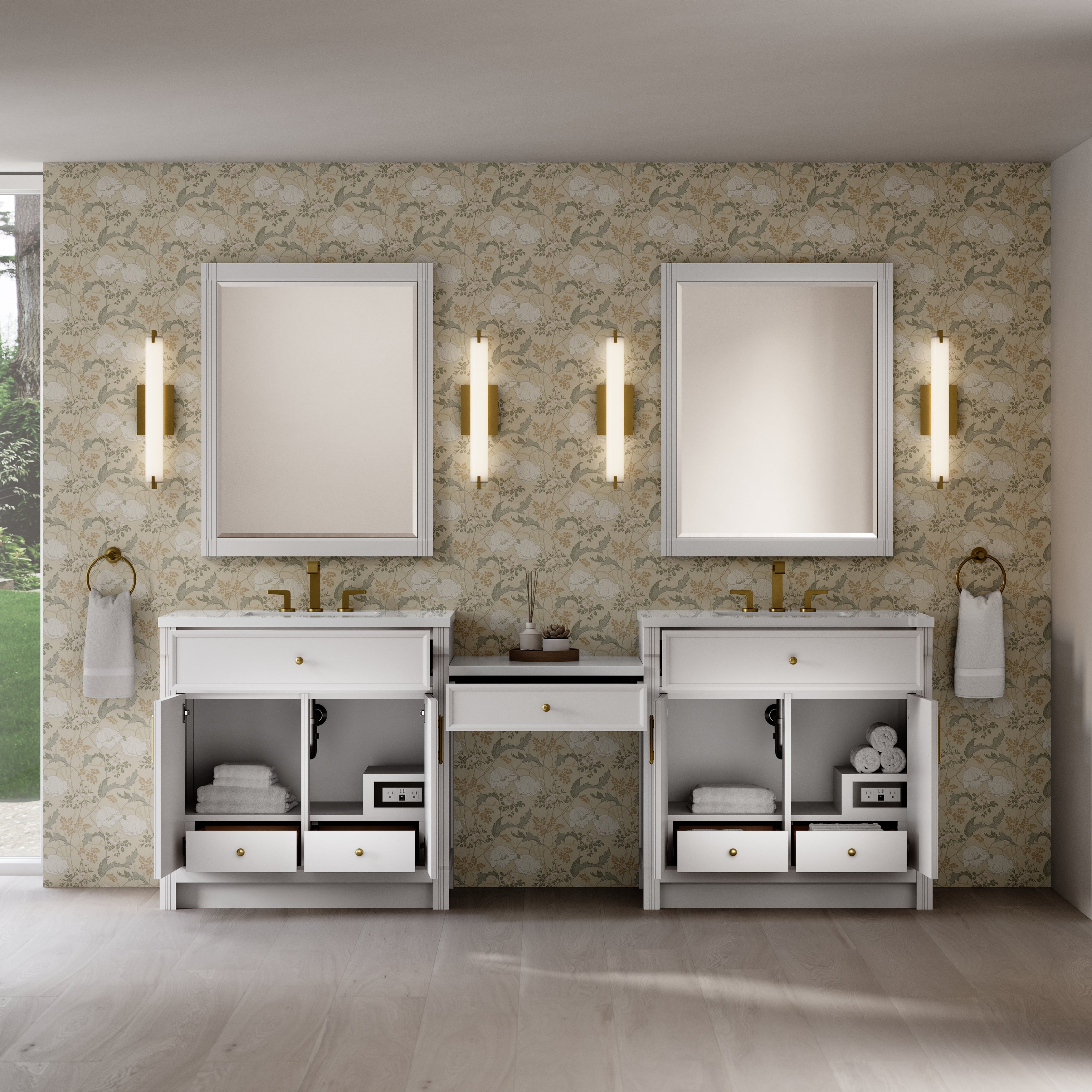 James Martin Bellshire 96" Dual Vanity Set with 24" Make-Up Counter in Bright White with 3cm Countertop