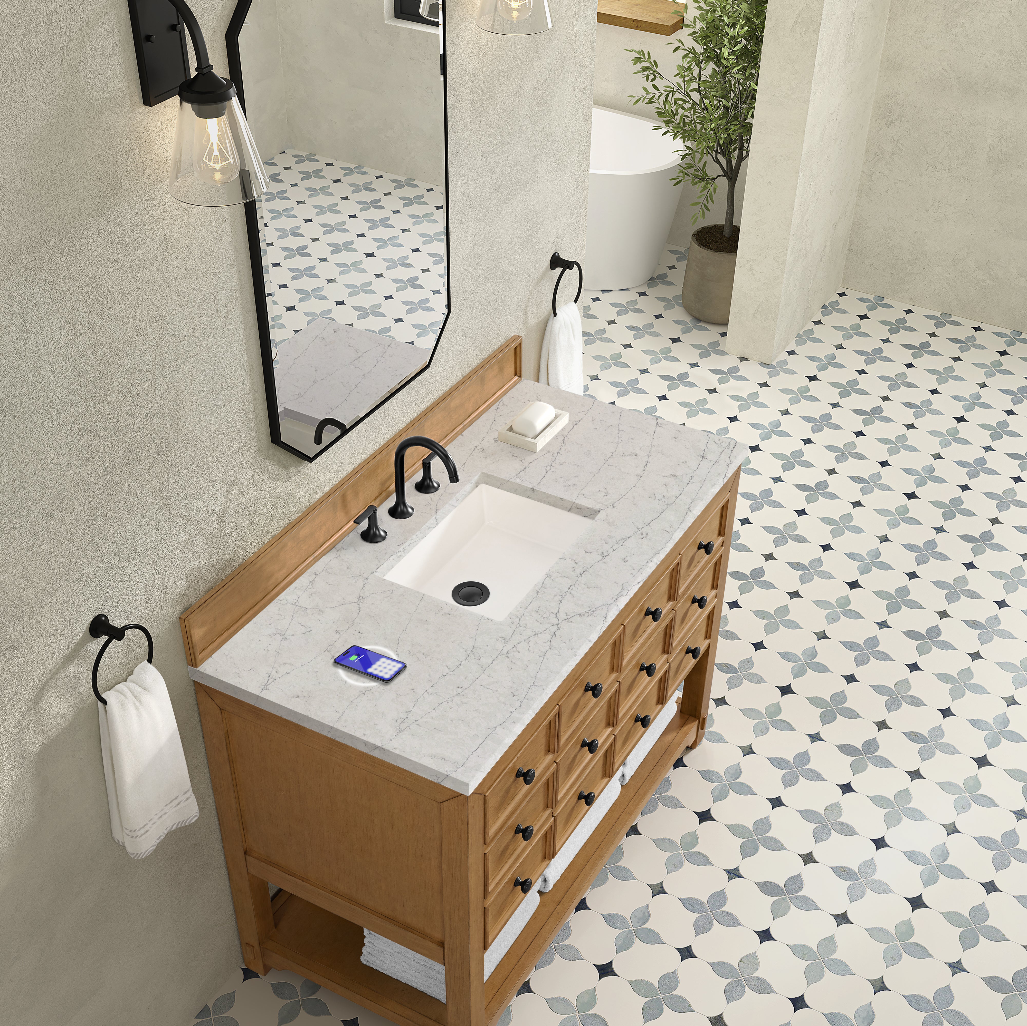 James Martin Malibu 48" Single Vanity in Amber Birch with 3cm Countertop and FreePower Wireless Charger