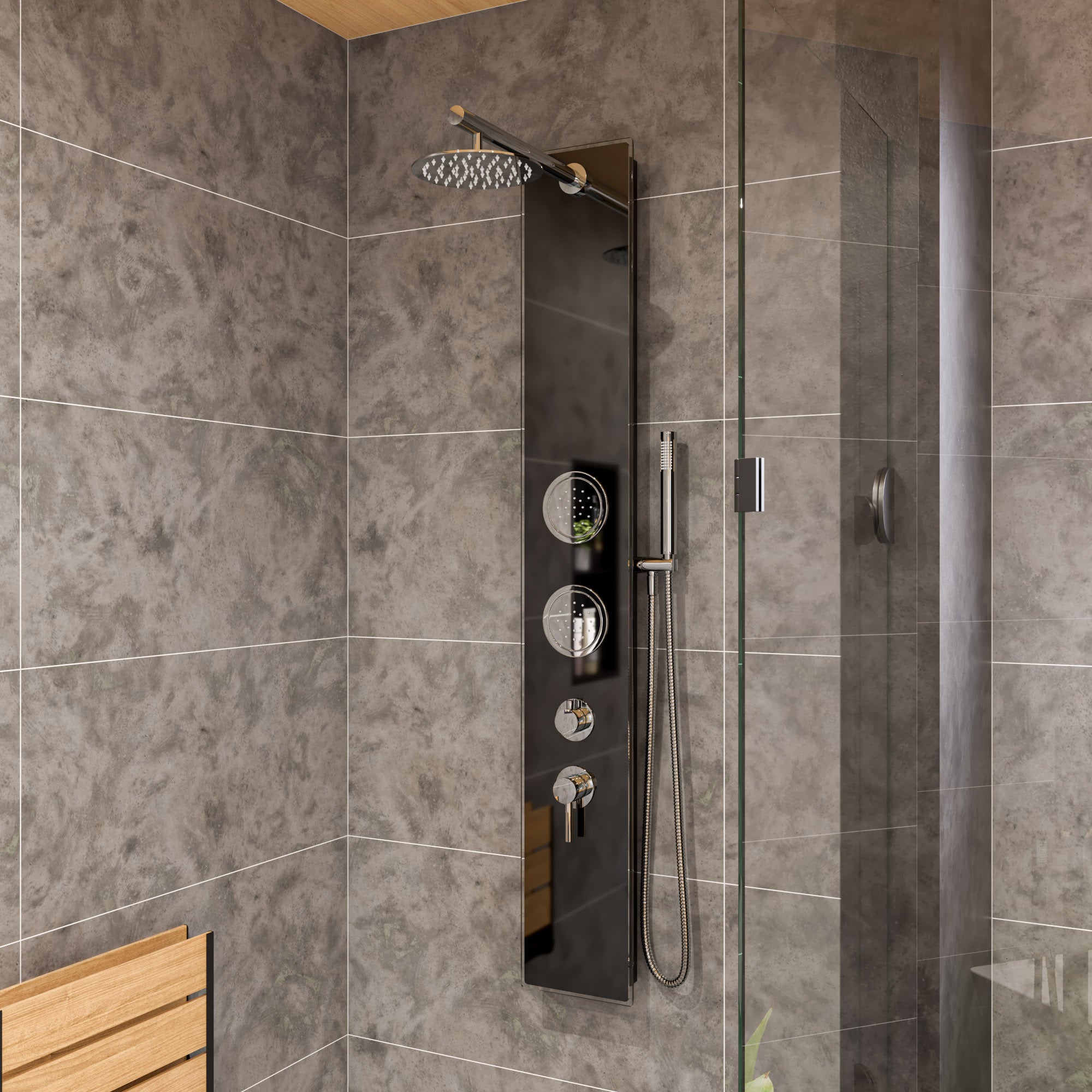 ALFI brand  ABSP55B Black Glass Shower Panel with 2 Body Sprays and Rain Shower Head