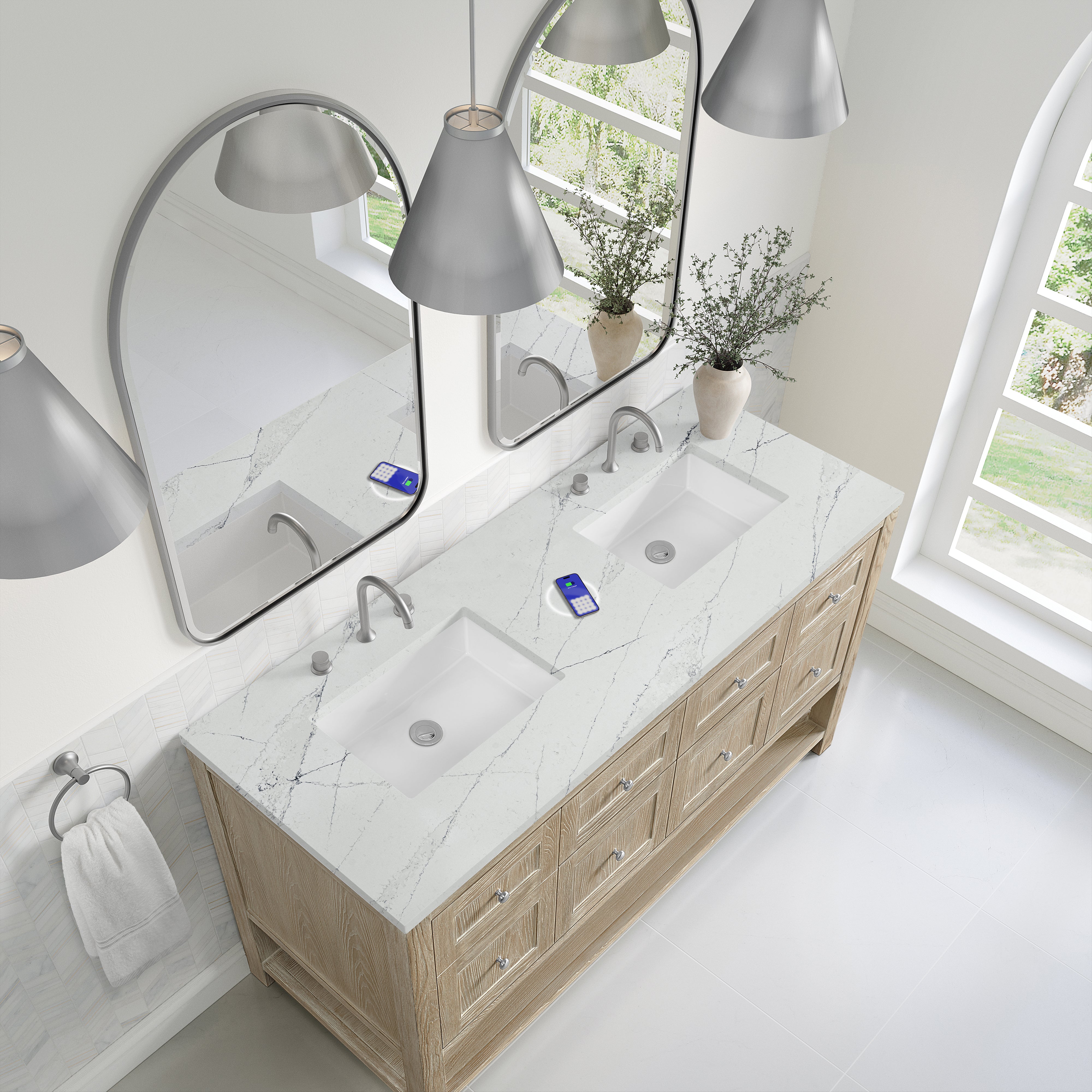 James Martin Breckenridge 60" Double Vanity in Whitewashed Oak with 3cm Countertop and FreePower Wireless Charger