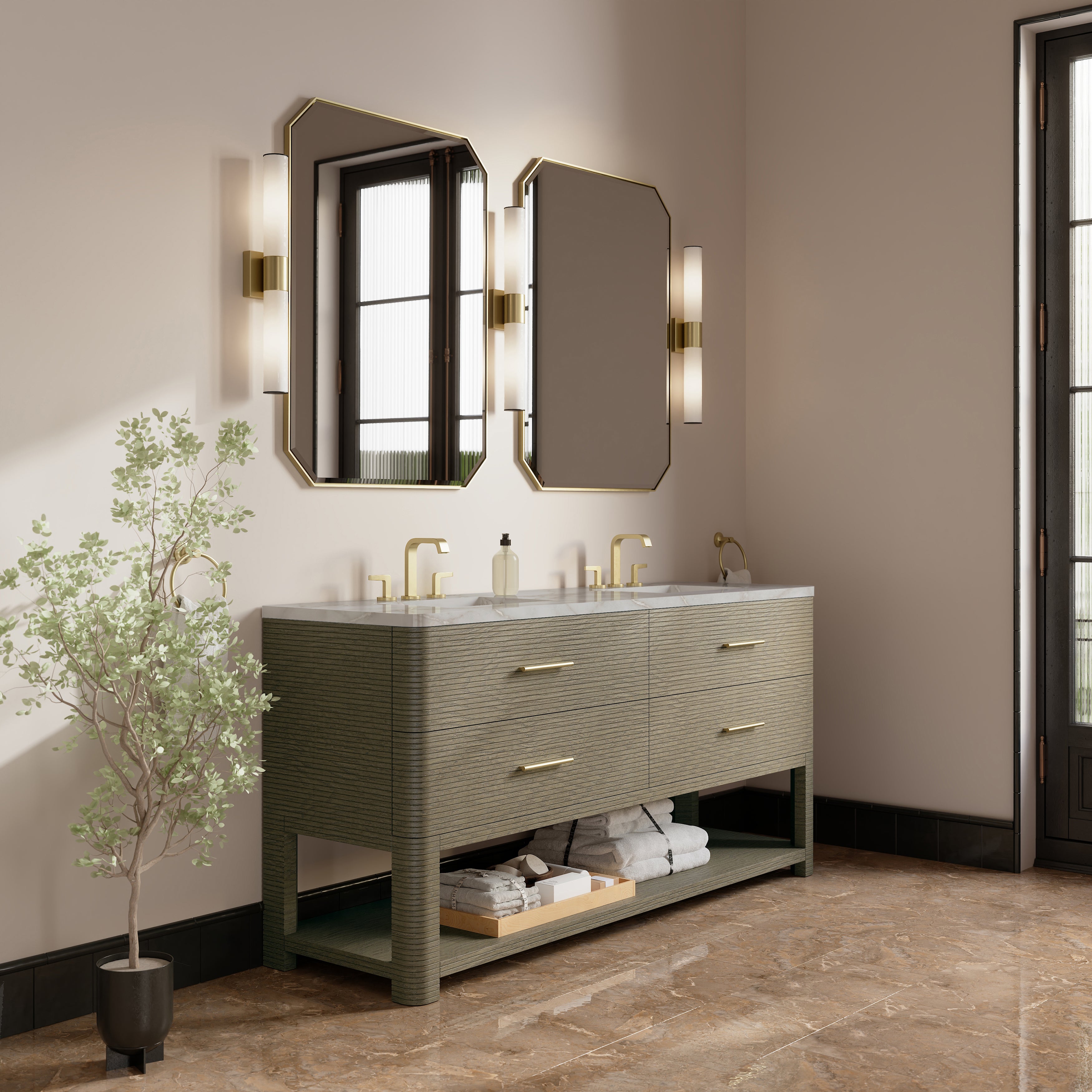 James Martin Lucian 72" Double Vanity in Pebble Oak with 3cm Countertop