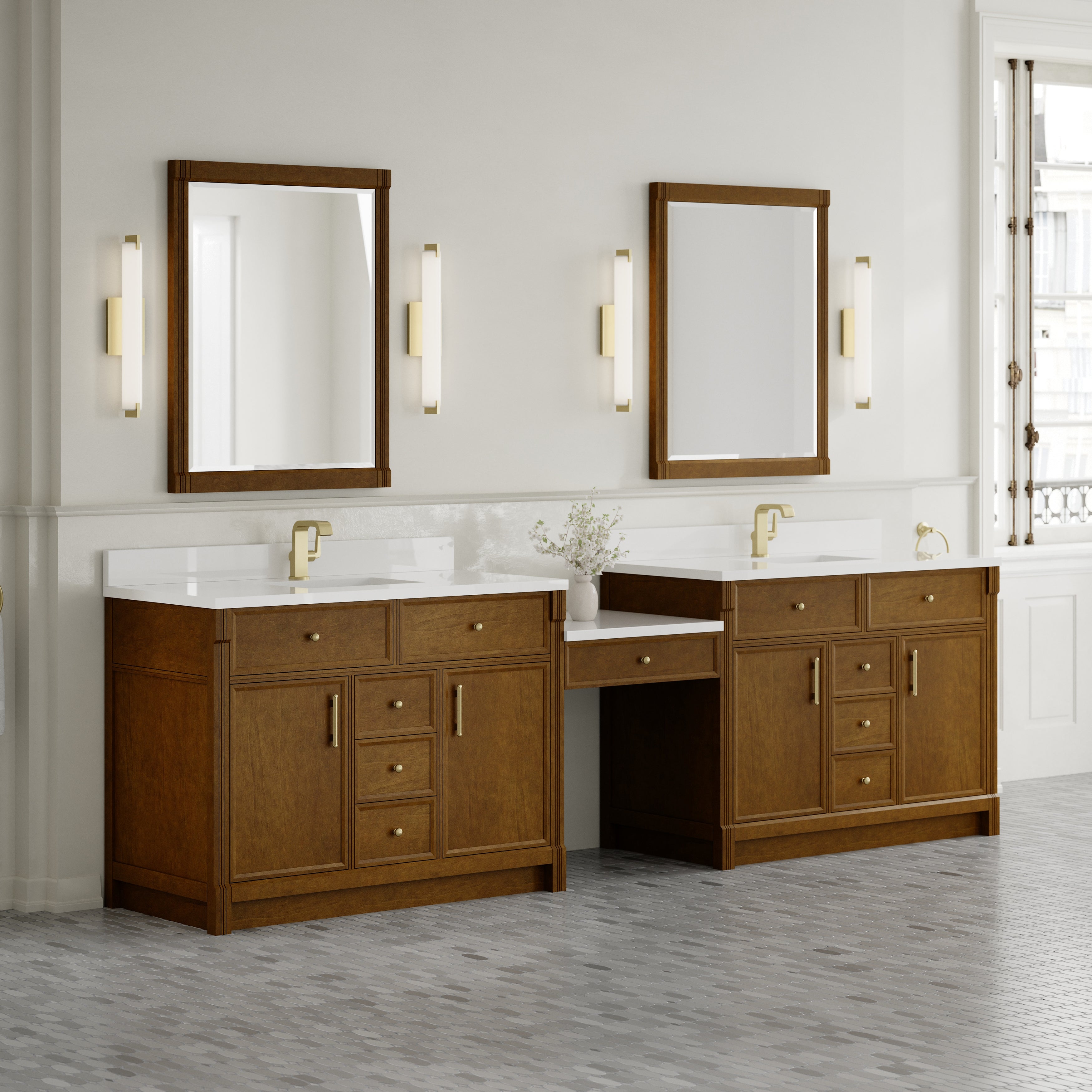 James Martin Bellshire 120" Dual Vanity Set with 24" Make-Up Counter in Honey Oak with 3cm Countertop