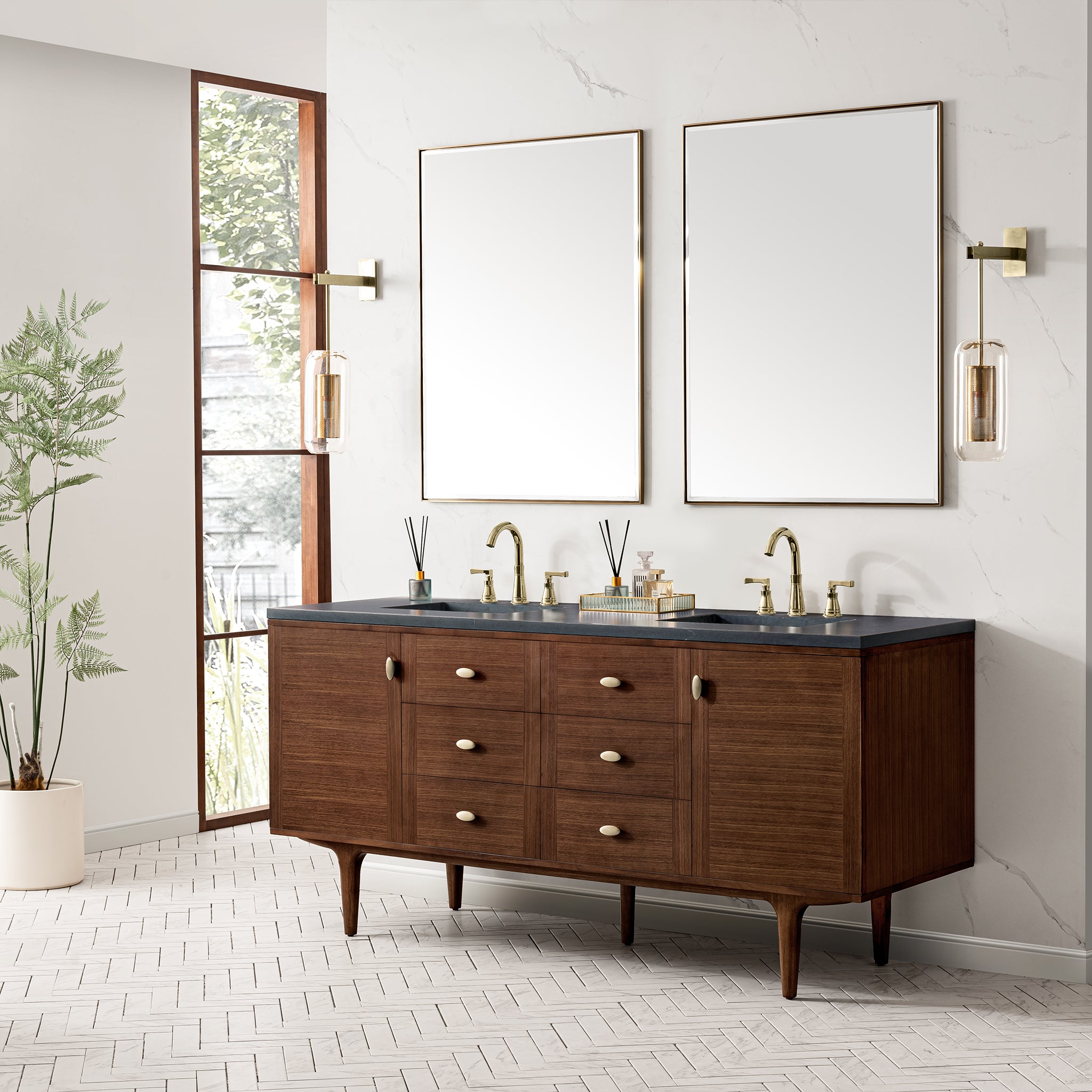 James Martin Amberly 72" Double Vanity in Mid-Century Walnut with 3cm Countertop