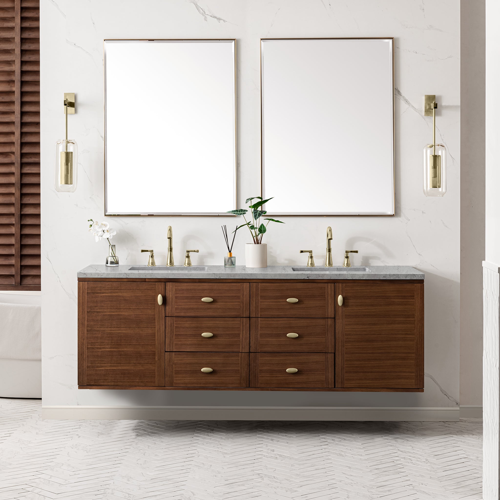 James Martin Amberly 72" Double Vanity in Mid-Century Walnut with 3cm Countertop and FreePower Wireless Charger