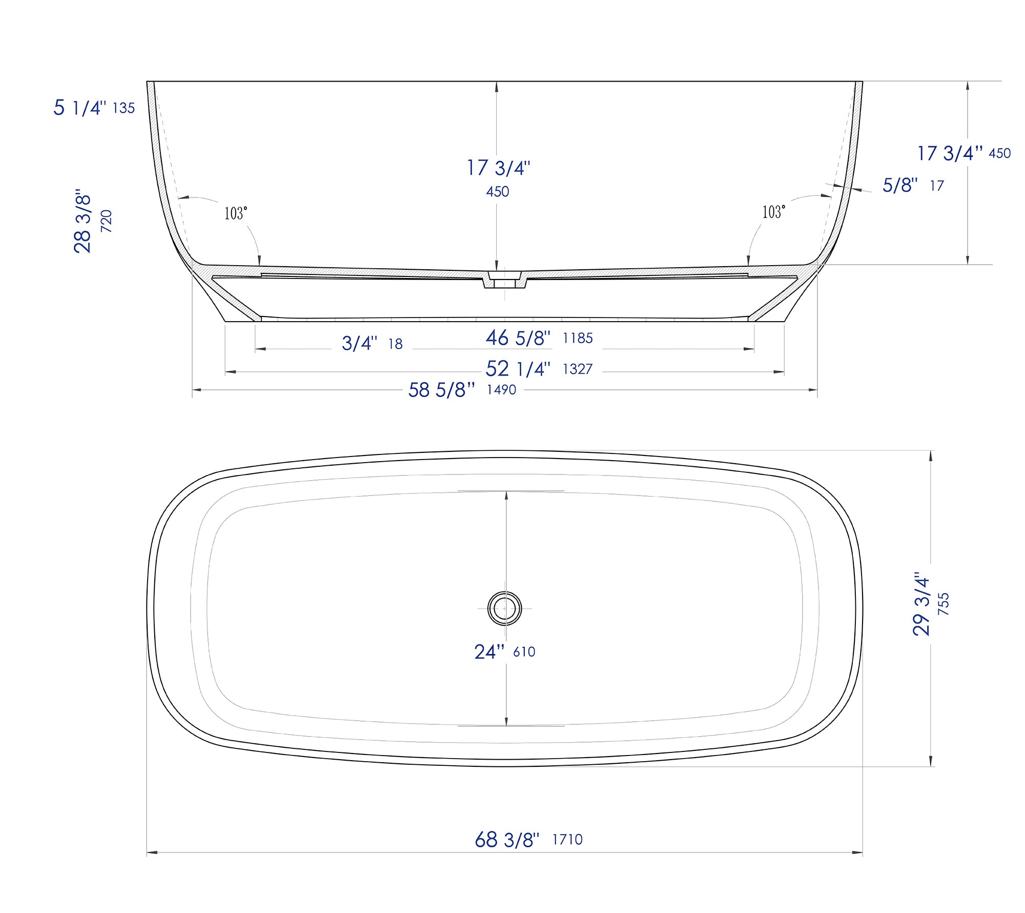 ALFI brand  AB9980 67" White Matte Solid Surface Resin Bathtub