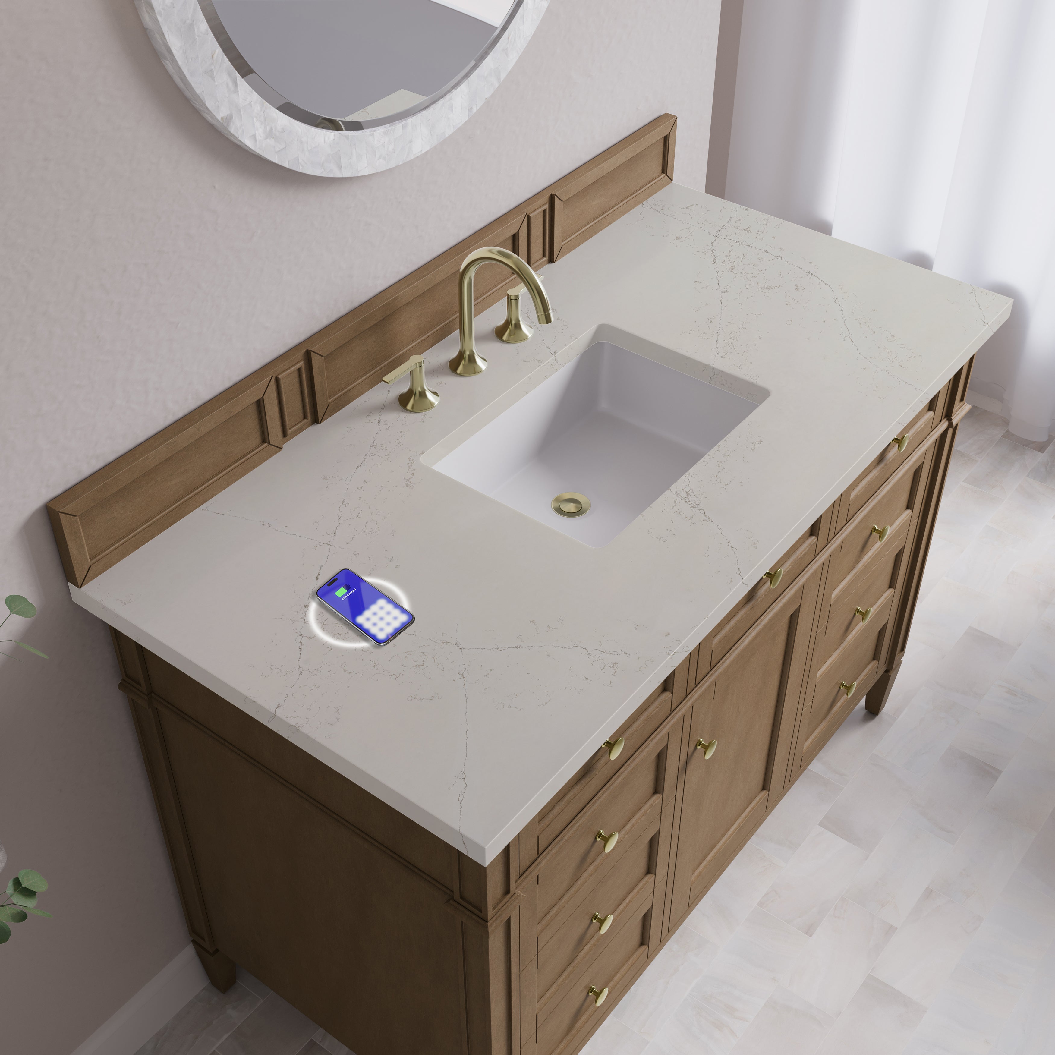 James Martin Brittany 48" Single Vanity in Pecan with 3cm Countertop and FreePower Wireless Charger