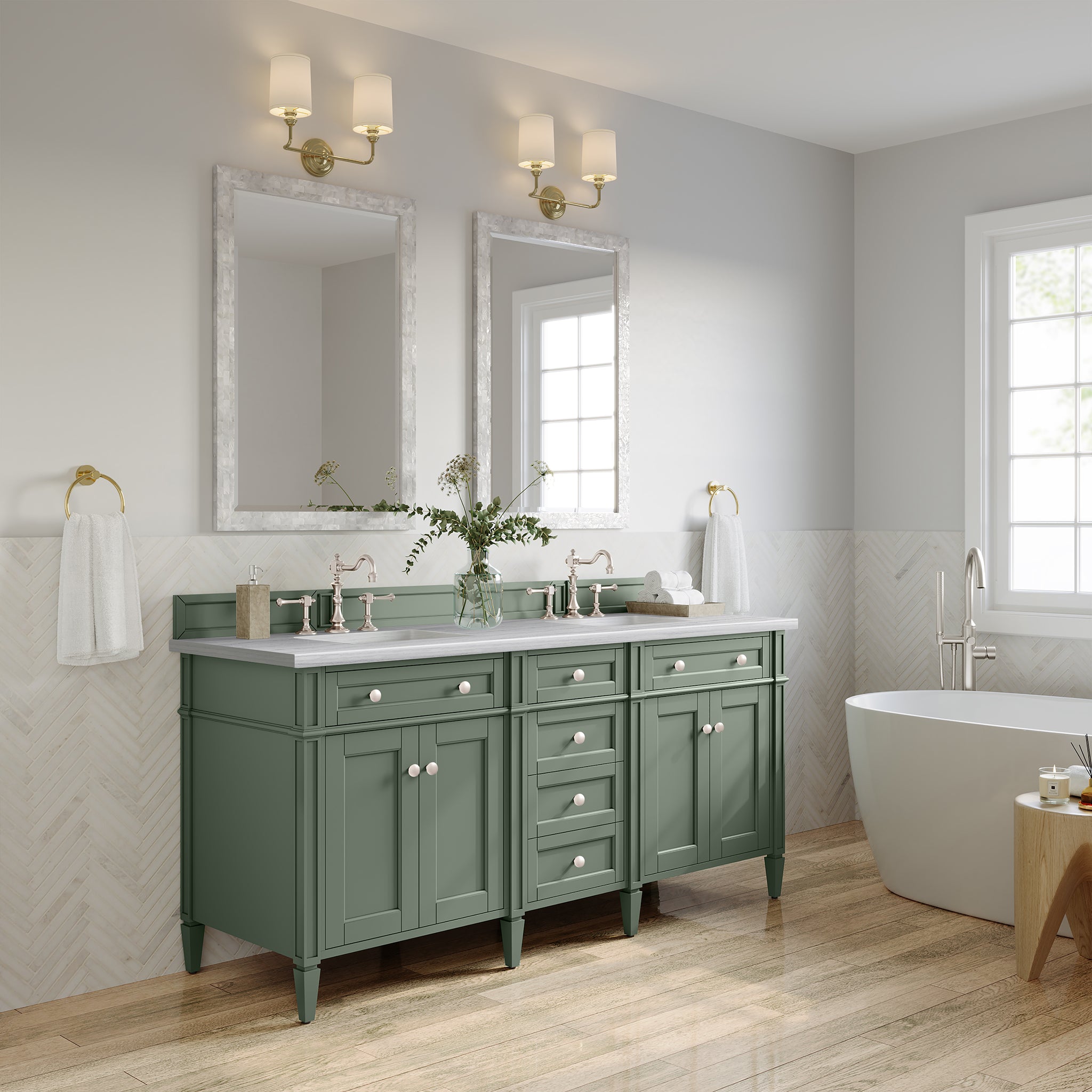 James Martin Brittany 72" Double Vanity in Smokey Celadon with 3cm Countertop