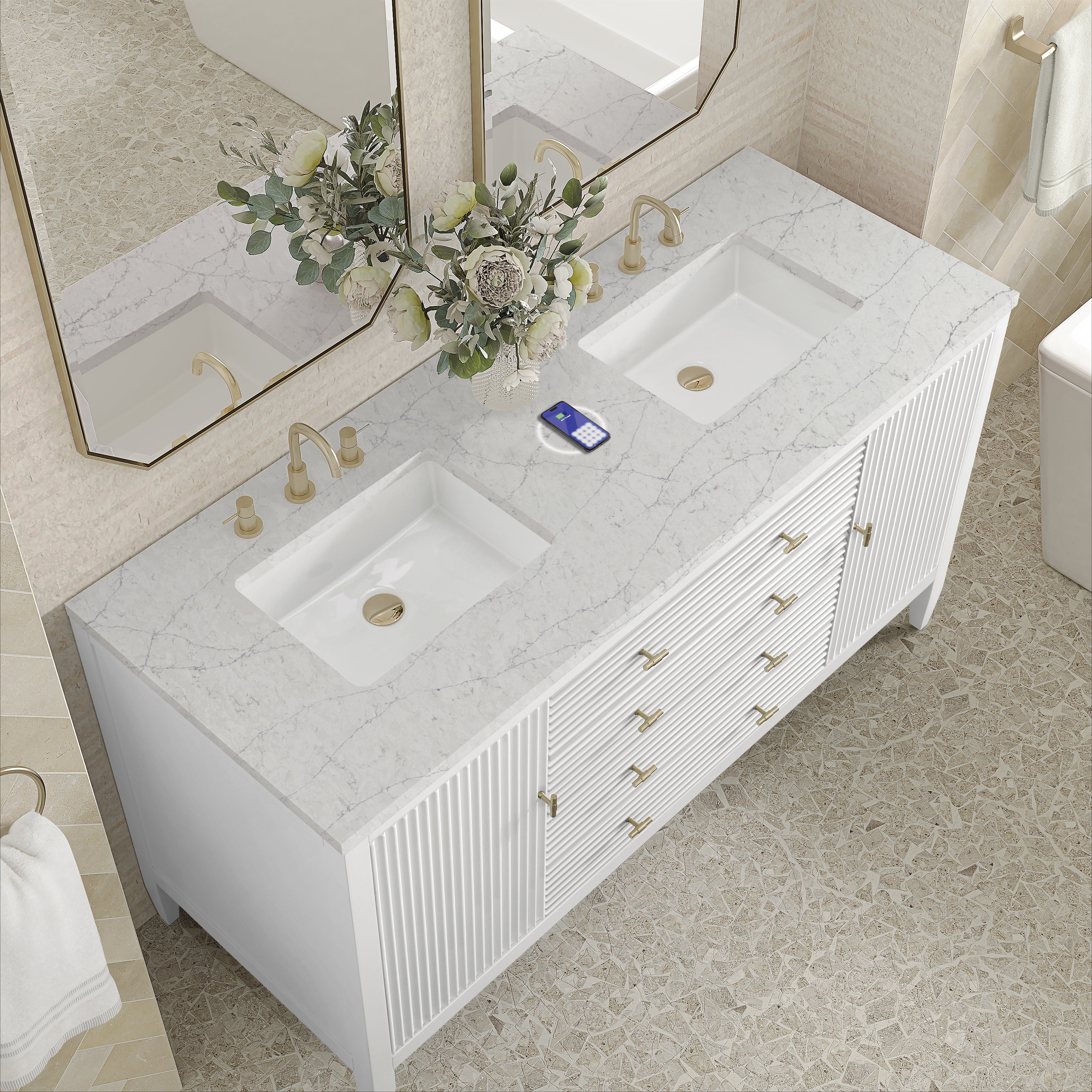 James Martin Myrrin 60" Double Vanity in Bright White with 3cm Countertop and FreePower Wireless Charger