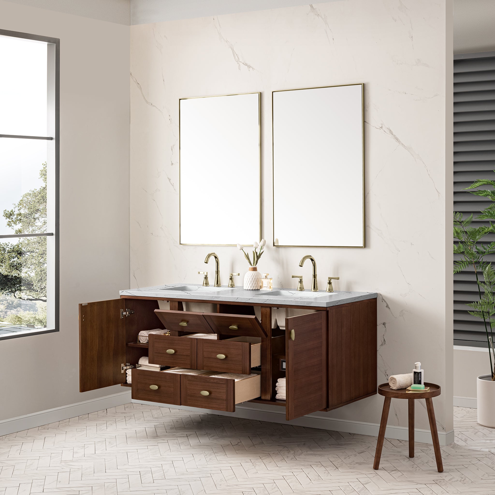 James Martin Amberly 60" Double Vanity in Mid-Century Walnut with 3cm Countertop and FreePower Wireless Charger