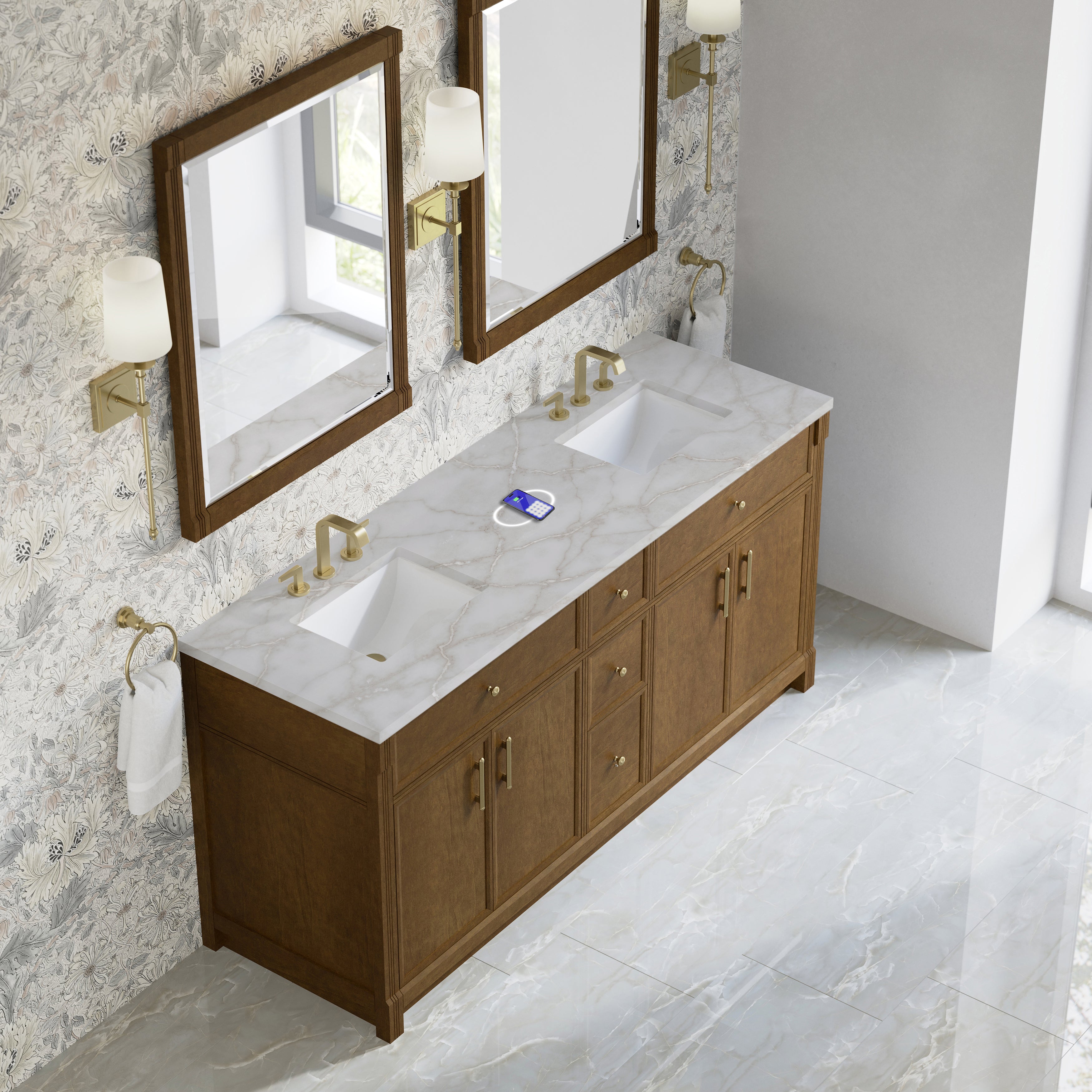 James Martin Bellshire 72" Double Vanity in Honey Oak with 3cm Countertop and FreePower Wireless Charger