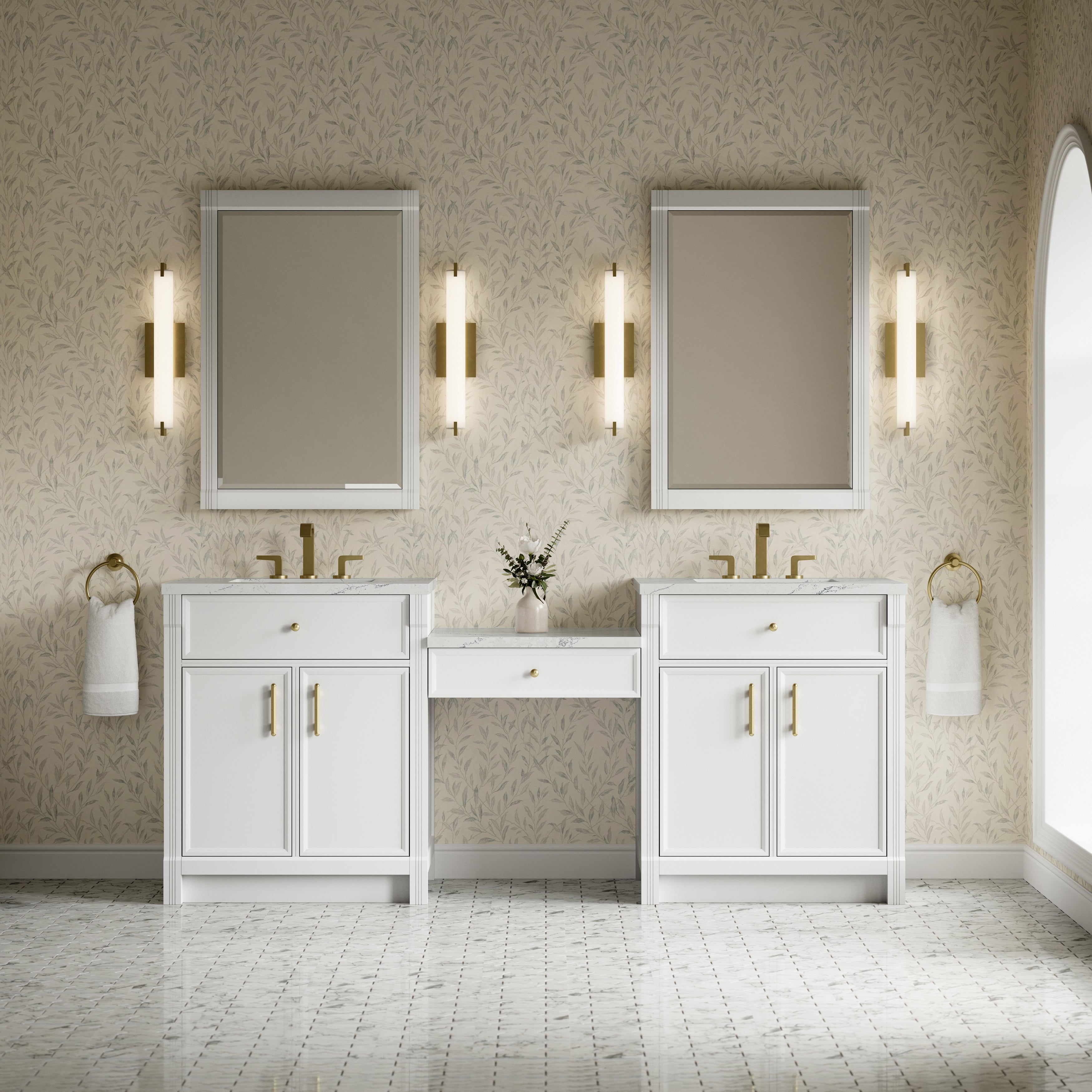 James Martin Bellshire 84" Dual Vanity Set with 24" Make-Up Counter in Bright White with 3cm Countertop