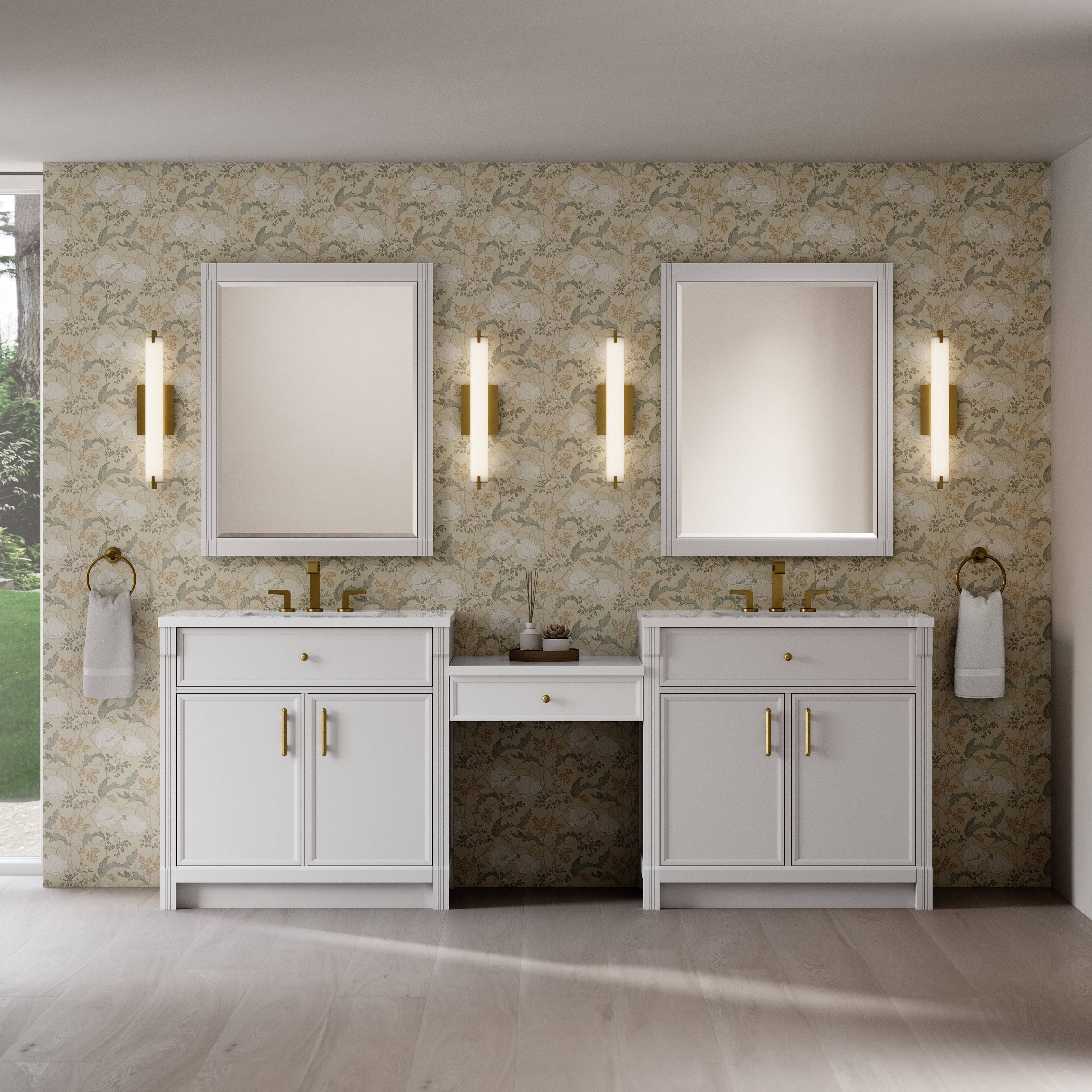James Martin Bellshire 96" Dual Vanity Set with 24" Make-Up Counter in Bright White with 3cm Countertop