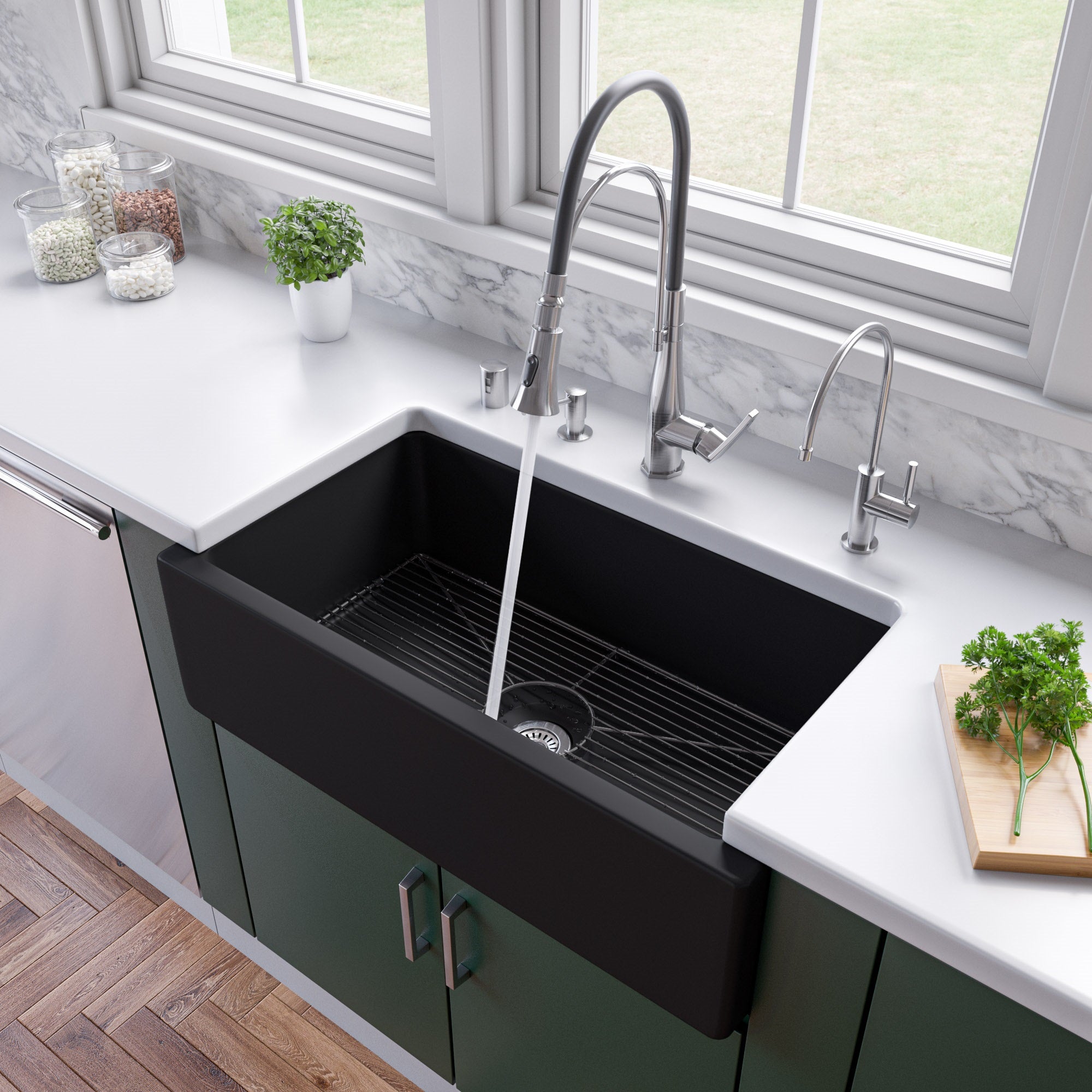 ALFI brand AB3318HS 33" x 18" Reversible Fluted / Smooth Fireclay Farm Sink