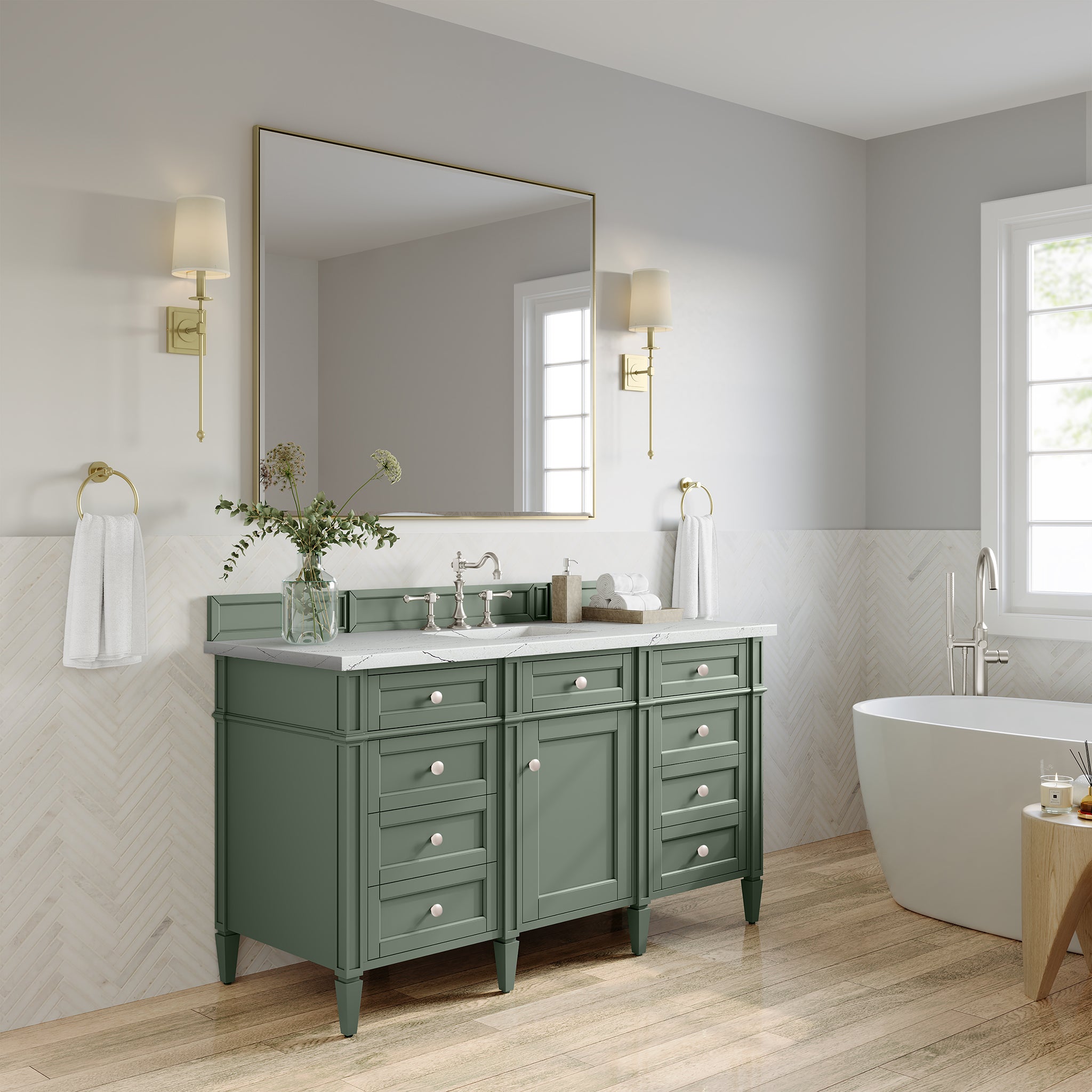 James Martin Brittany 60" Single Vanity in Smokey Celadon with 3cm Countertop and FreePower Wireless Charger