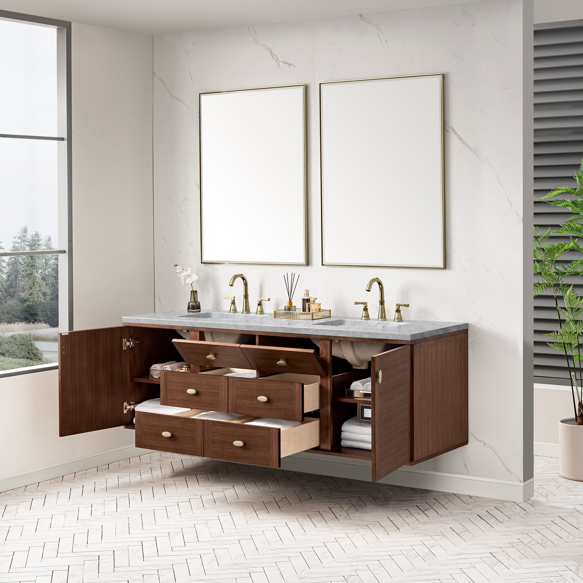 James Martin Amberly 72" Double Vanity in Mid-Century Walnut with 3cm Countertop