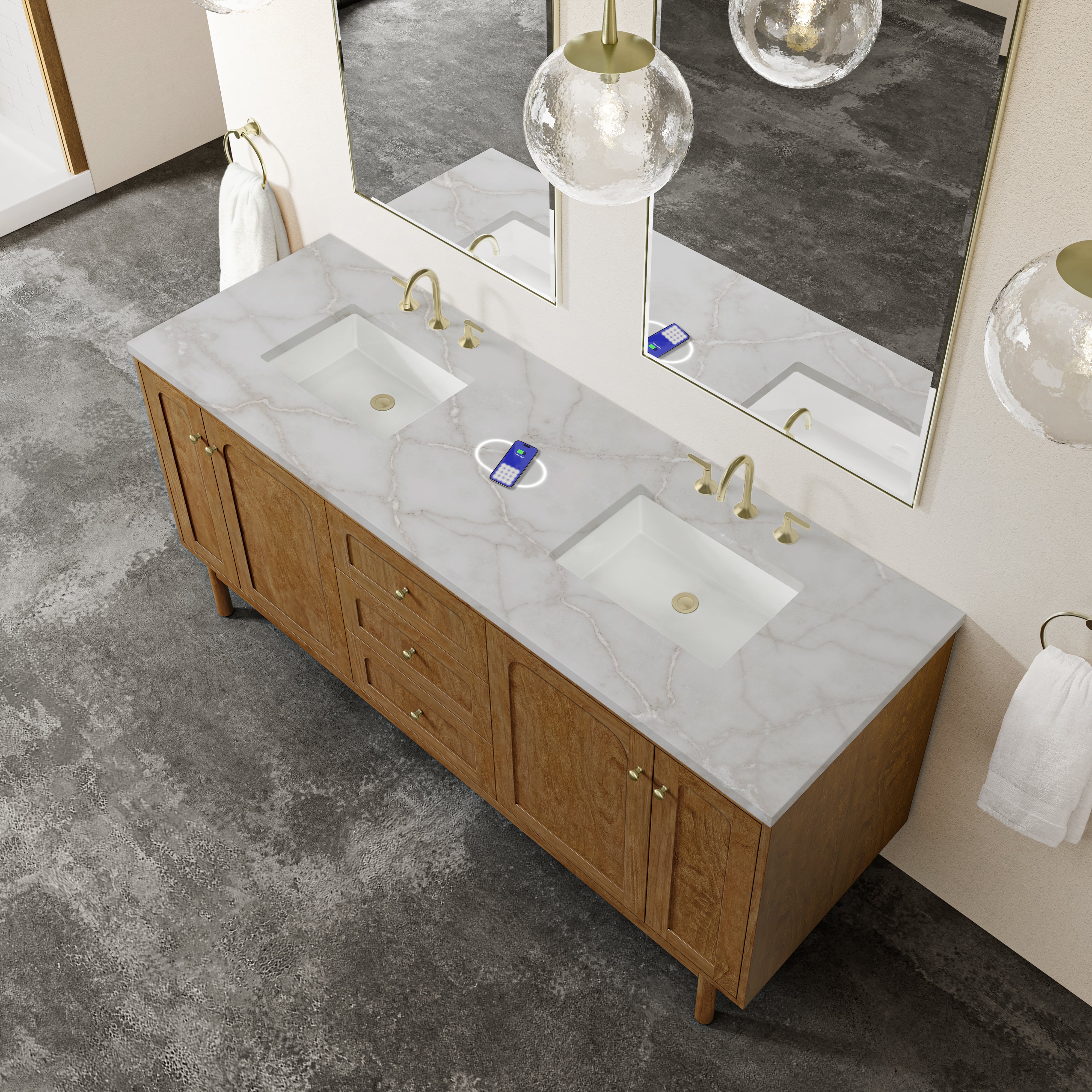 James Martin Laurent 72" Double Vanity in Honey Oak with 3cm Countertop and FreePower Wireless Charger