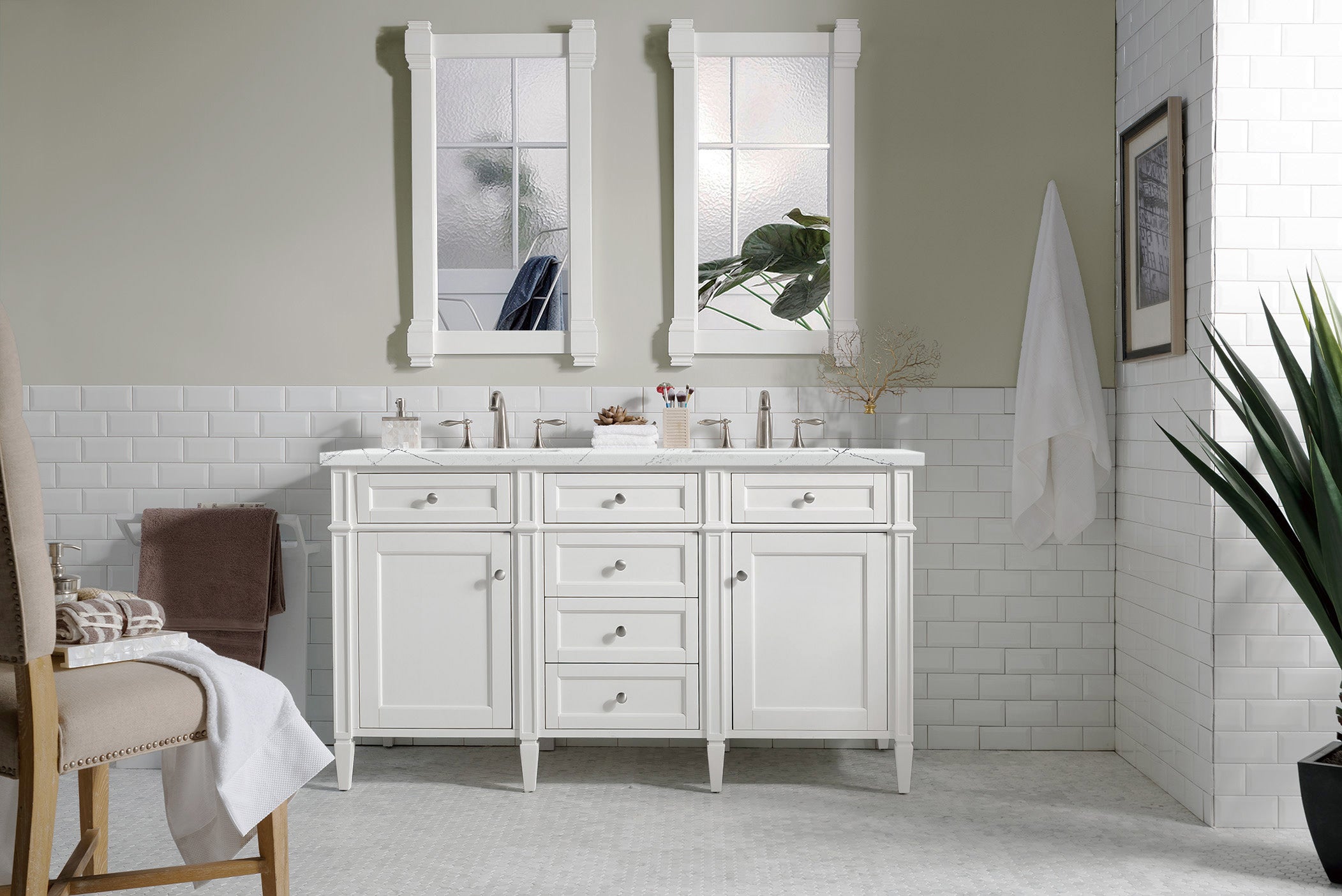 James Martin Brittany 60" Double Vanity in Bright White with 3cm Countertop