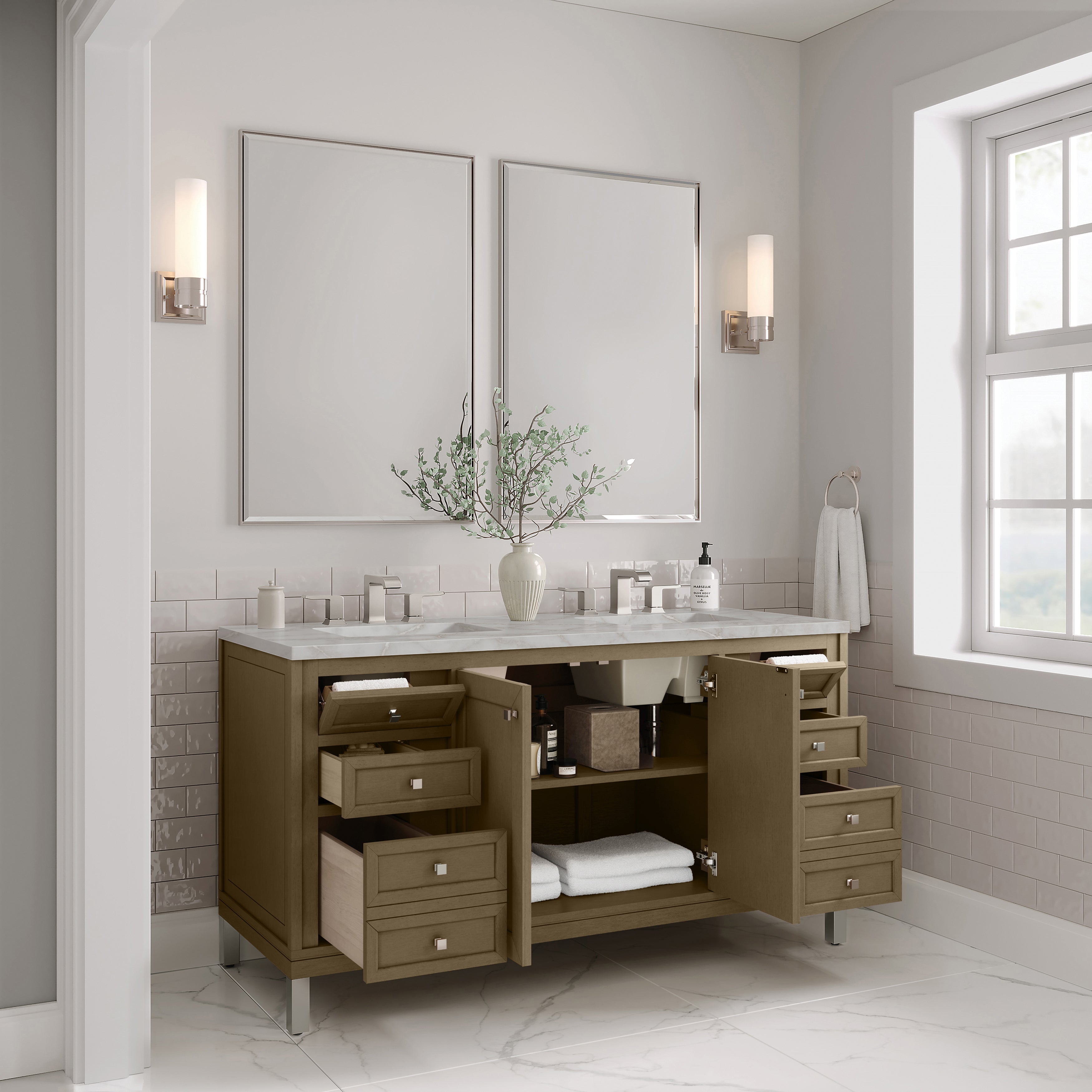 James Martin Chicago 60" Double Vanity in Walnut Whisper with 3cm Countertop and FreePower Wireless Charger
