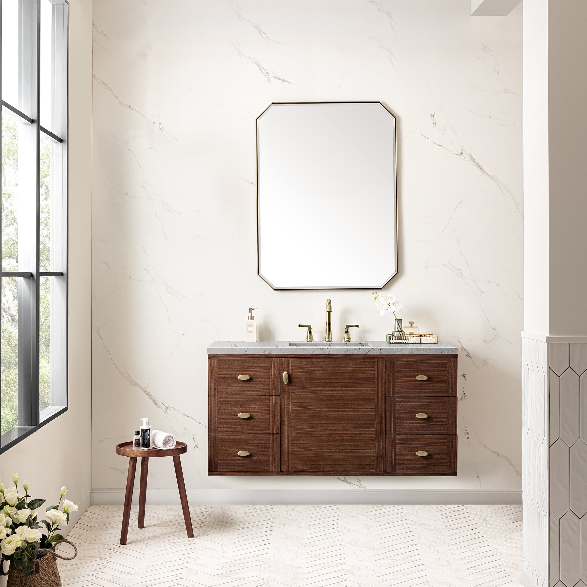 James Martin Amberly 48" Single Vanity in Mid-Century Walnut with 3cm Countertop and FreePower Wireless Charger