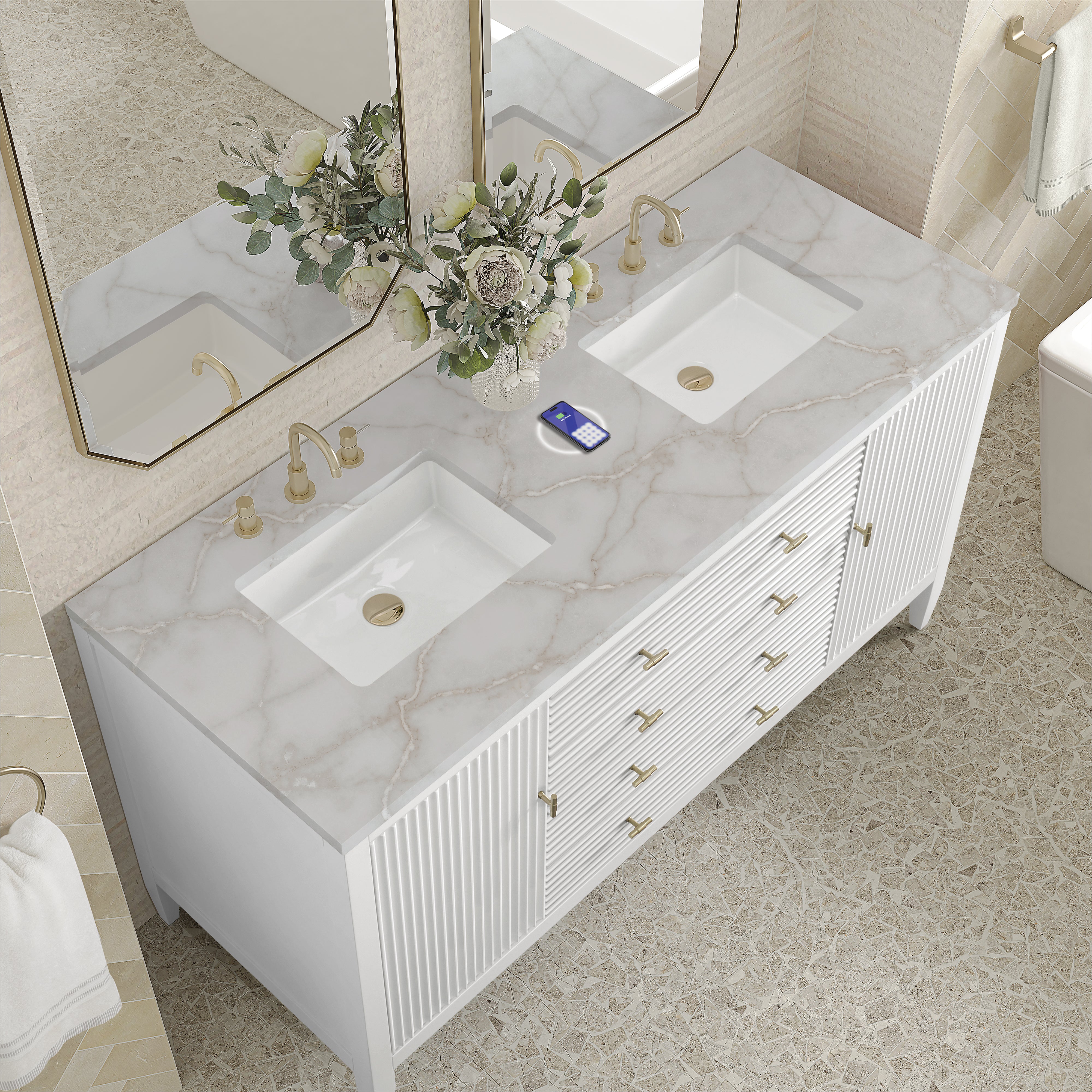 James Martin Myrrin 60" Double Vanity in Bright White with 3cm Countertop and FreePower Wireless Charger