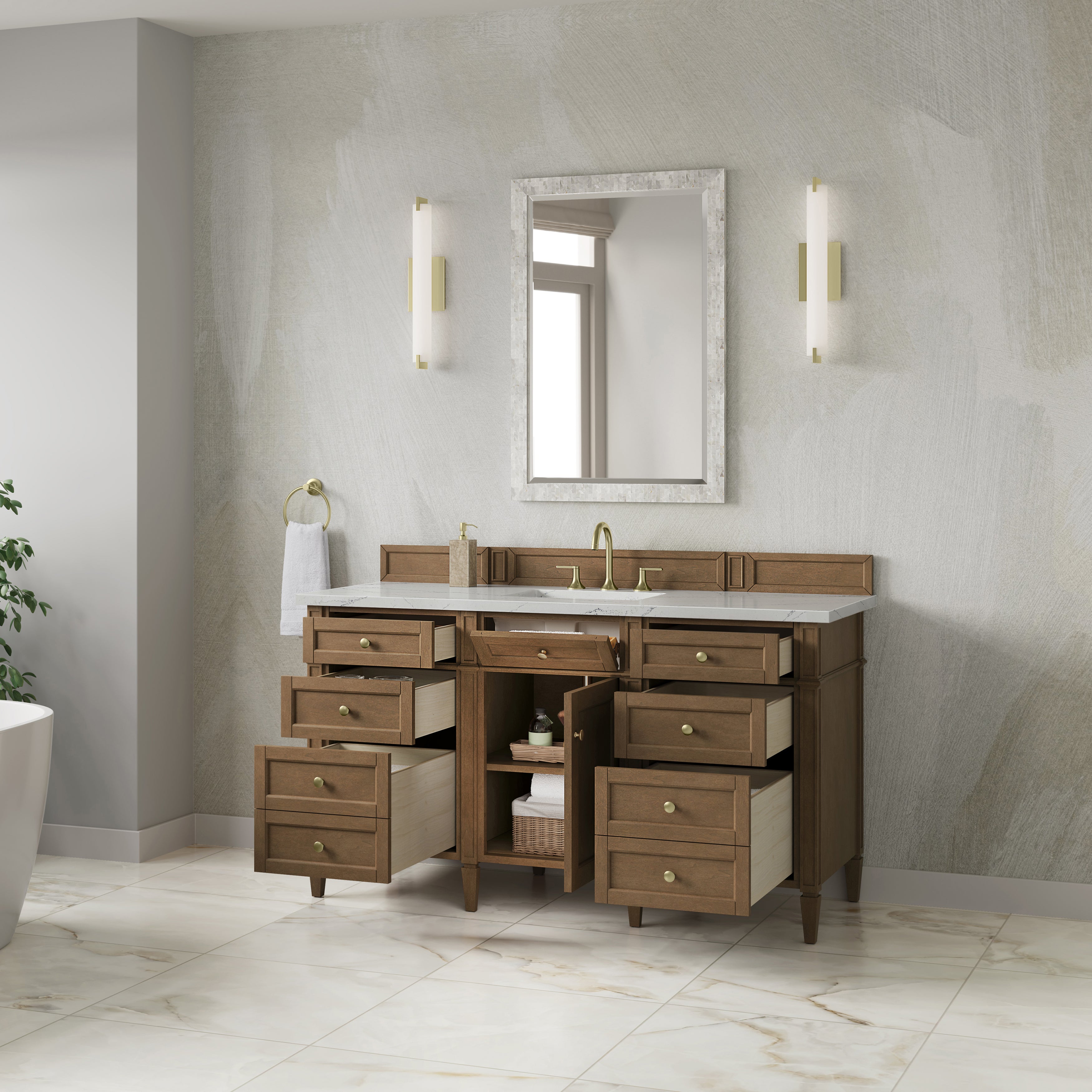 James Martin Brittany 60" Single Vanity in Pecan with 3cm Countertop and FreePower Wireless Charger