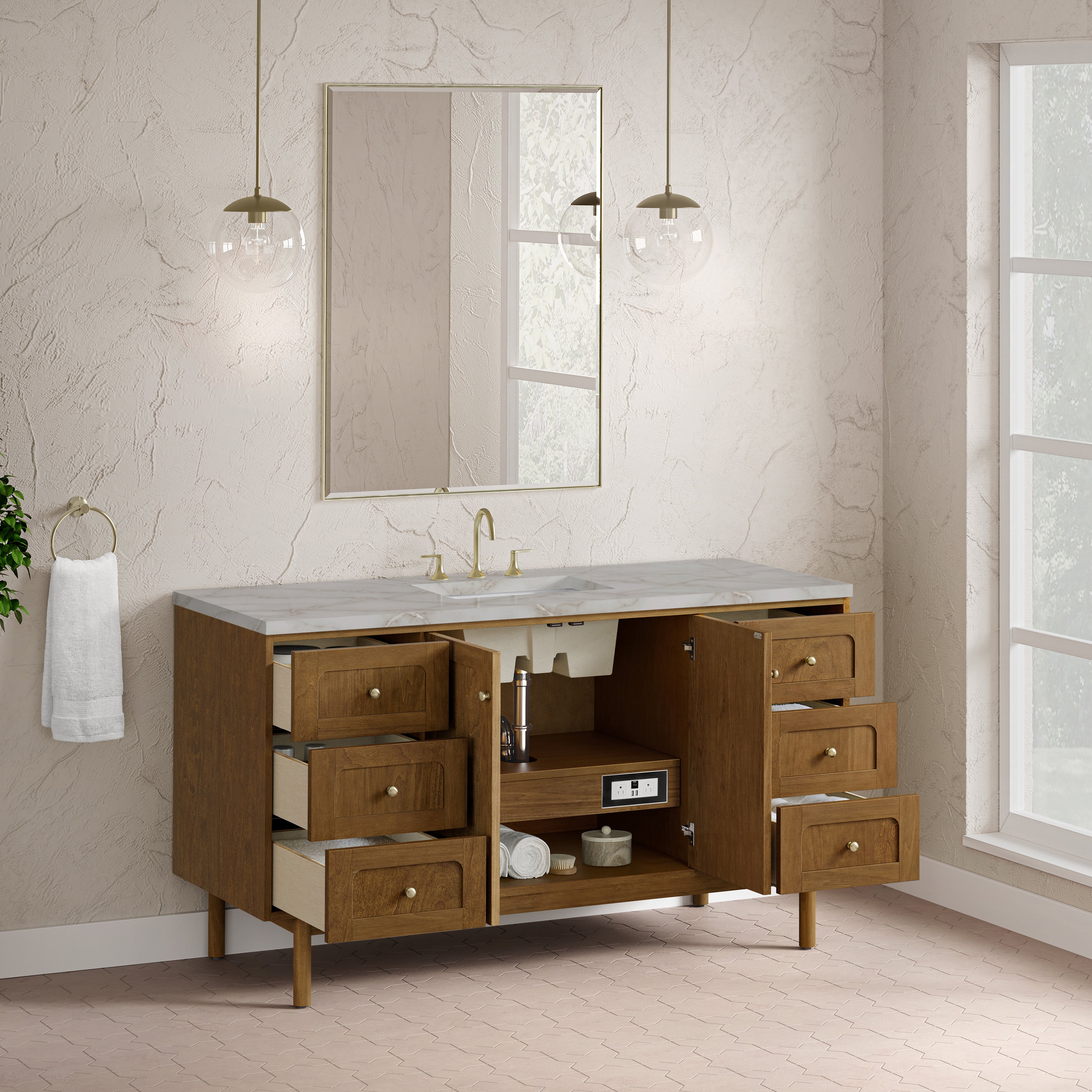 James Martin Laurent 60" Single Vanity in Honey Oak with 3cm Countertop and FreePower Wireless Charger