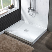 WOODBRIDGE SBR3636-1000C-CH SolidSurface Shower Base with Recessed Trench Side Including Chrome Linear Cover, 36" L x 36" W x 4" H,Center Drain White Color