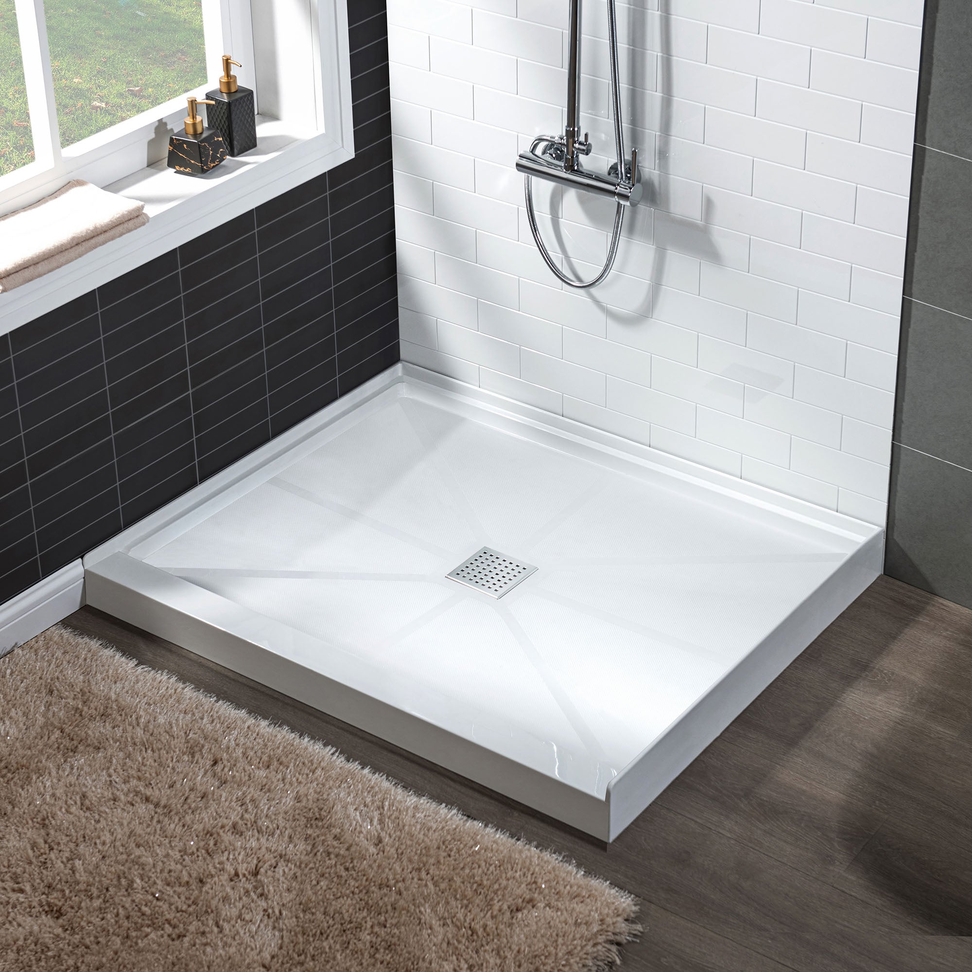 WOODBRIDGE SBR3636-1000C-CH SolidSurface Shower Base with Recessed Trench Side Including Chrome Linear Cover, 36" L x 36" W x 4" H,Center Drain White Color