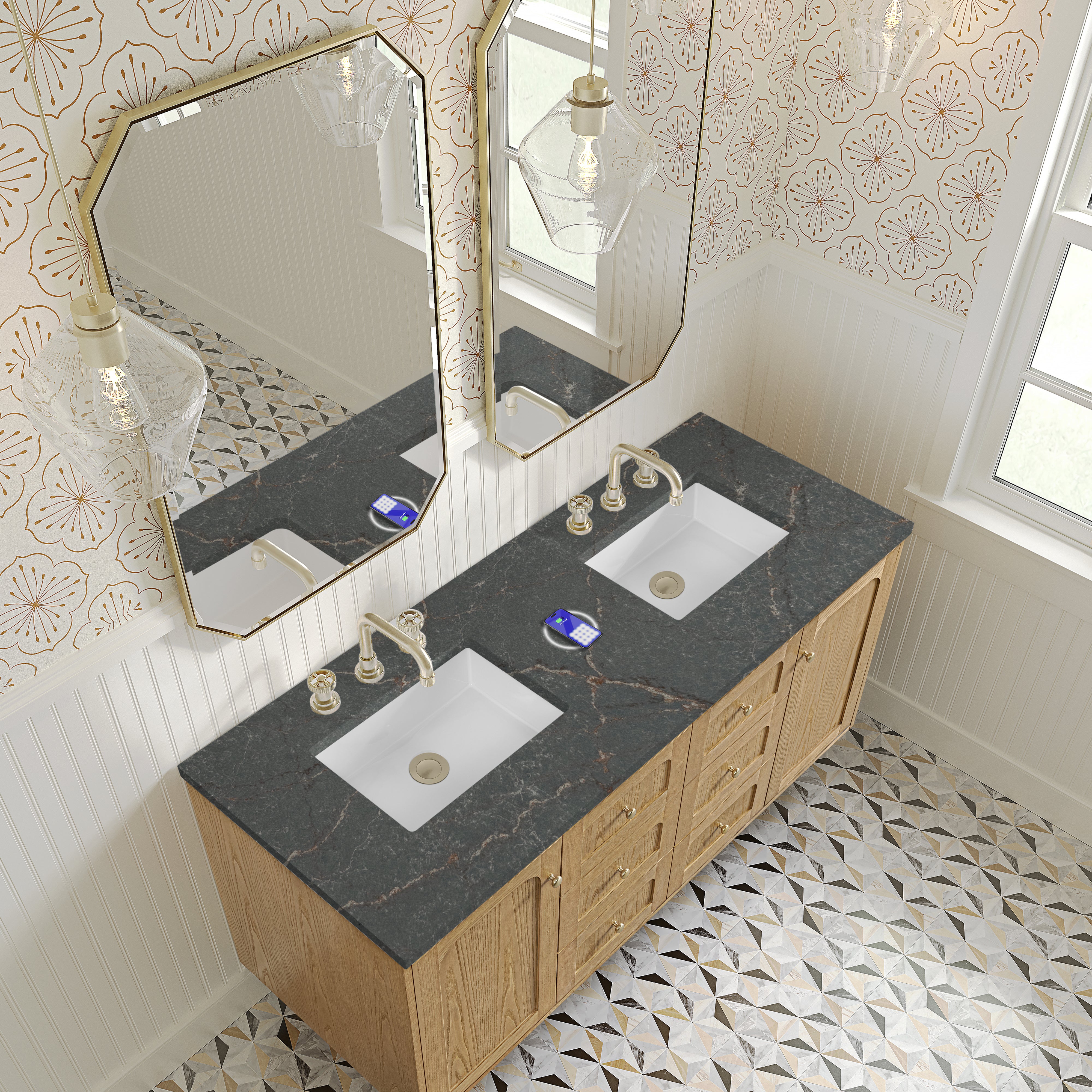 James Martin Laurent 60" Double Vanity in Light Natural Oak with 3cm Countertop and FreePower Wireless Charger