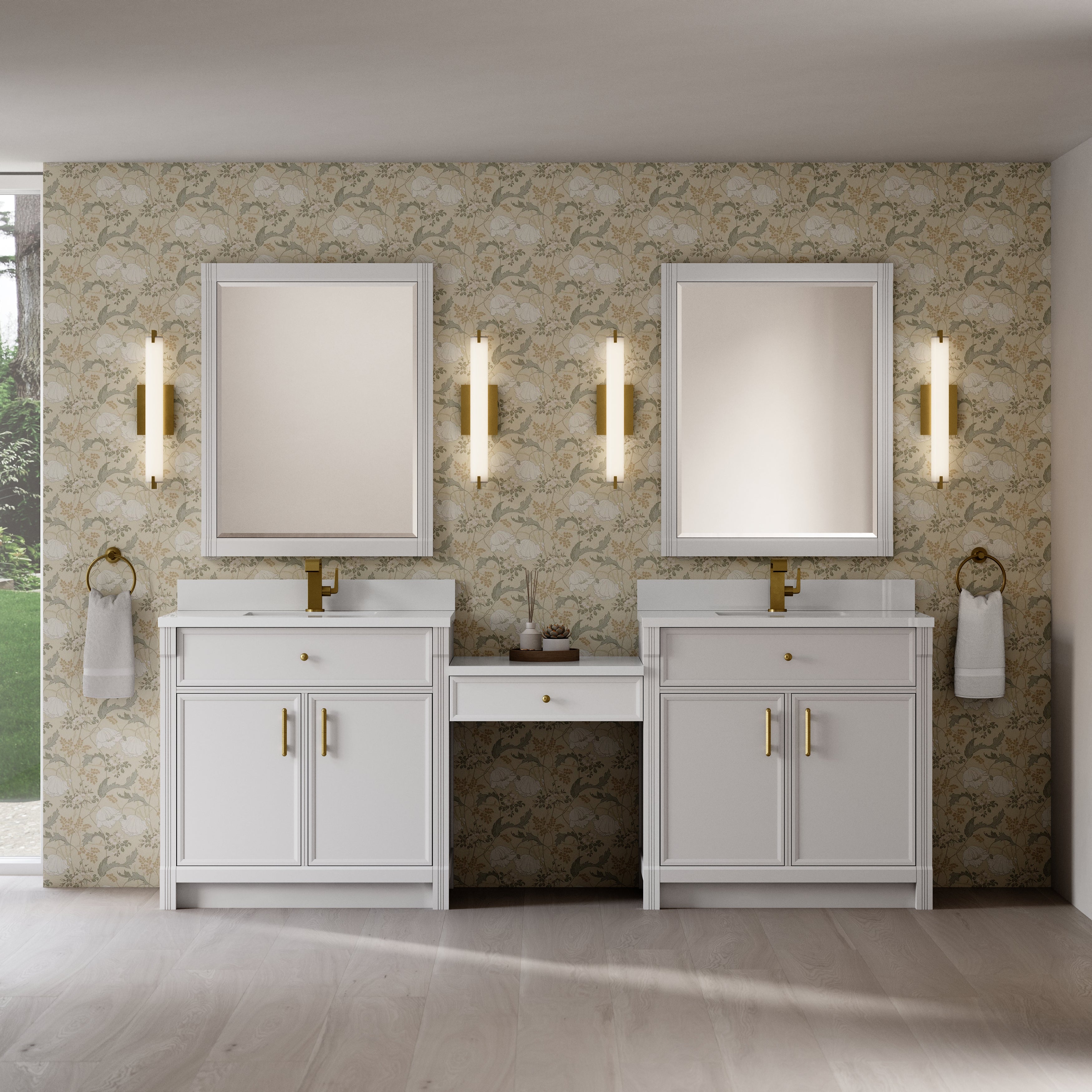 James Martin Bellshire 96" Dual Vanity Set with 24" Make-Up Counter in Bright White with 3cm Countertop