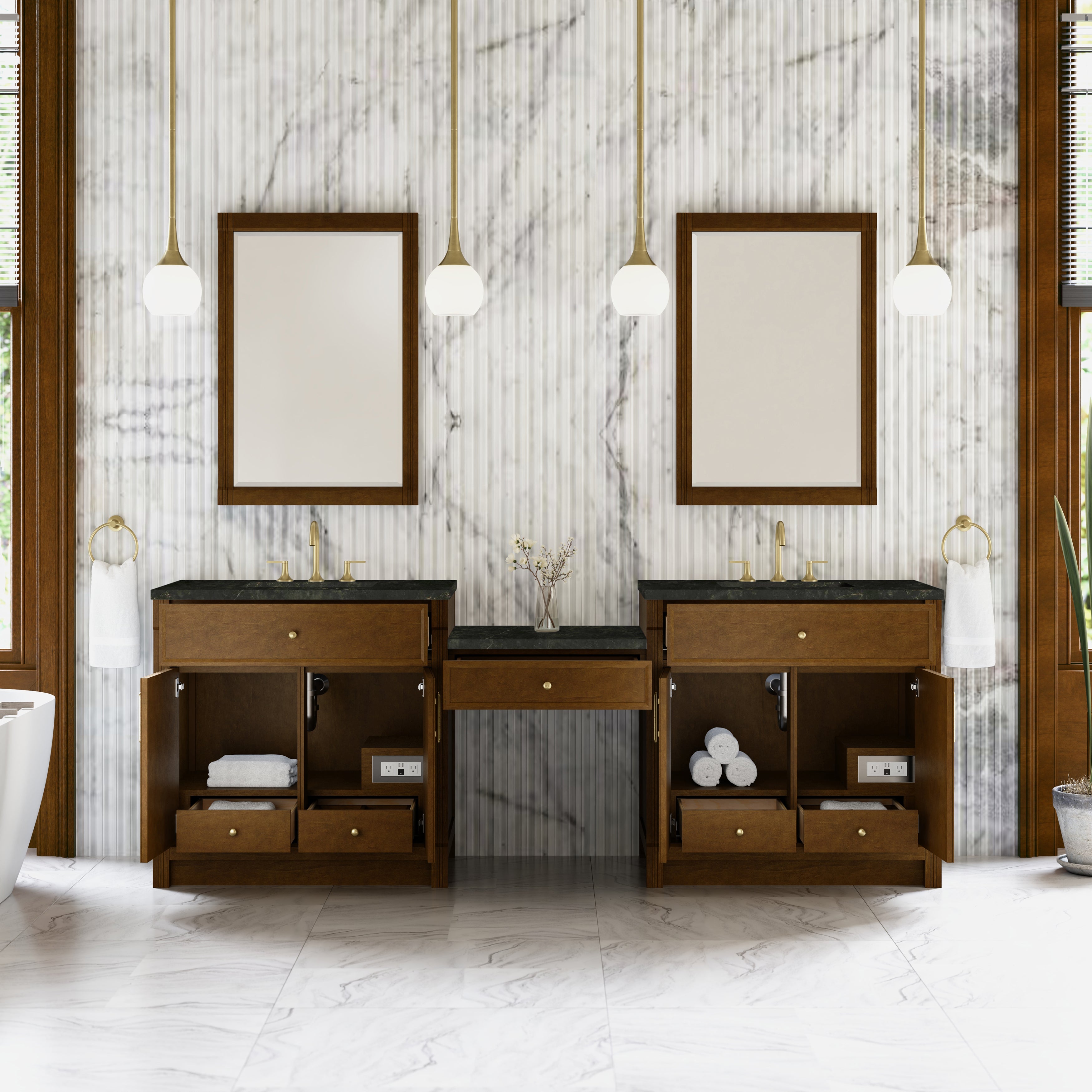 James Martin Bellshire 96" Dual Vanity Set with 24" Make-Up Counter in Honey Oak with 3cm Countertop