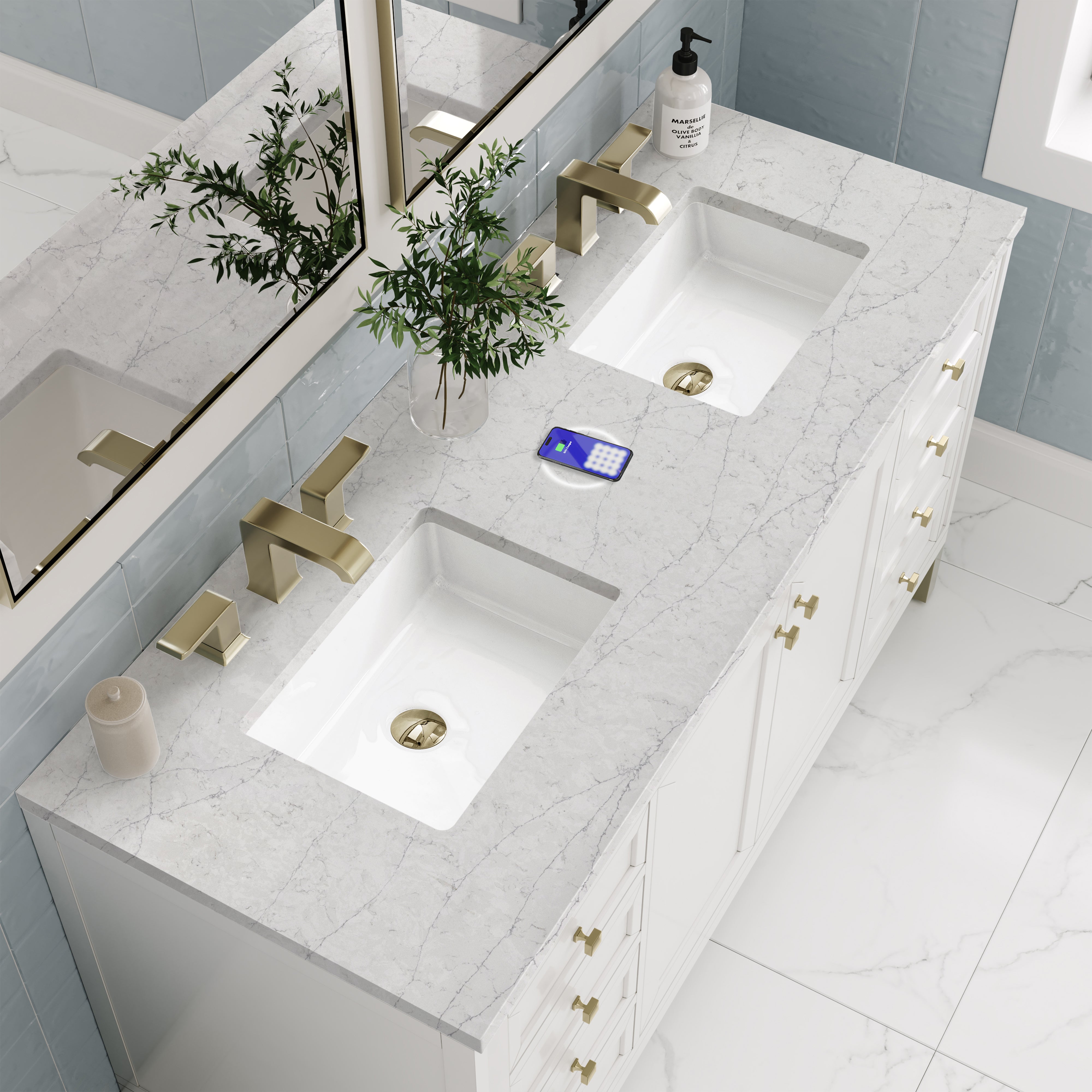 James Martin Chicago 60" Double Vanity in Glossy White with 3cm Countertop and FreePower Wireless Charger