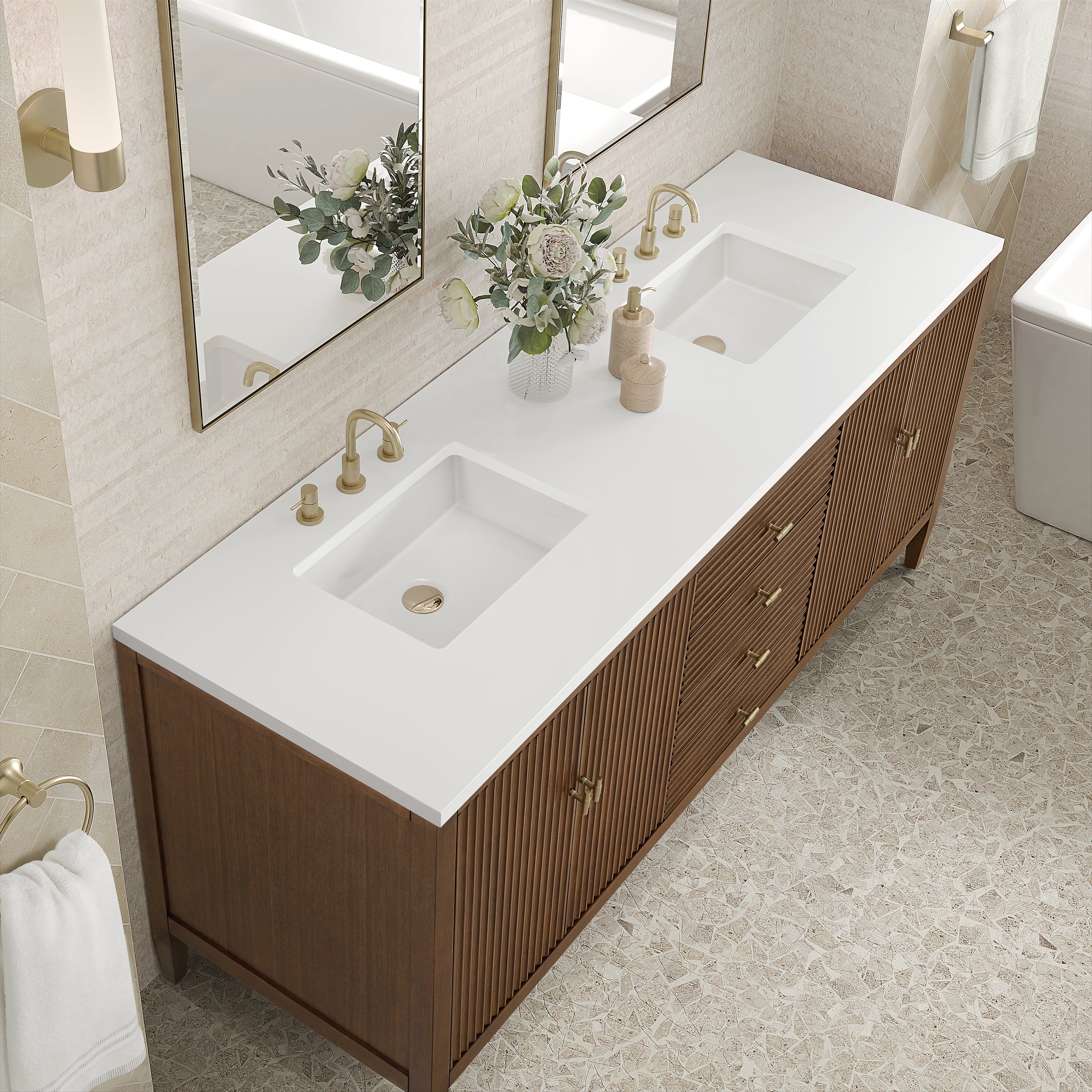 James Martin Myrrin 72" Double Vanity in Mid Century Walnut with 3cm Countertop