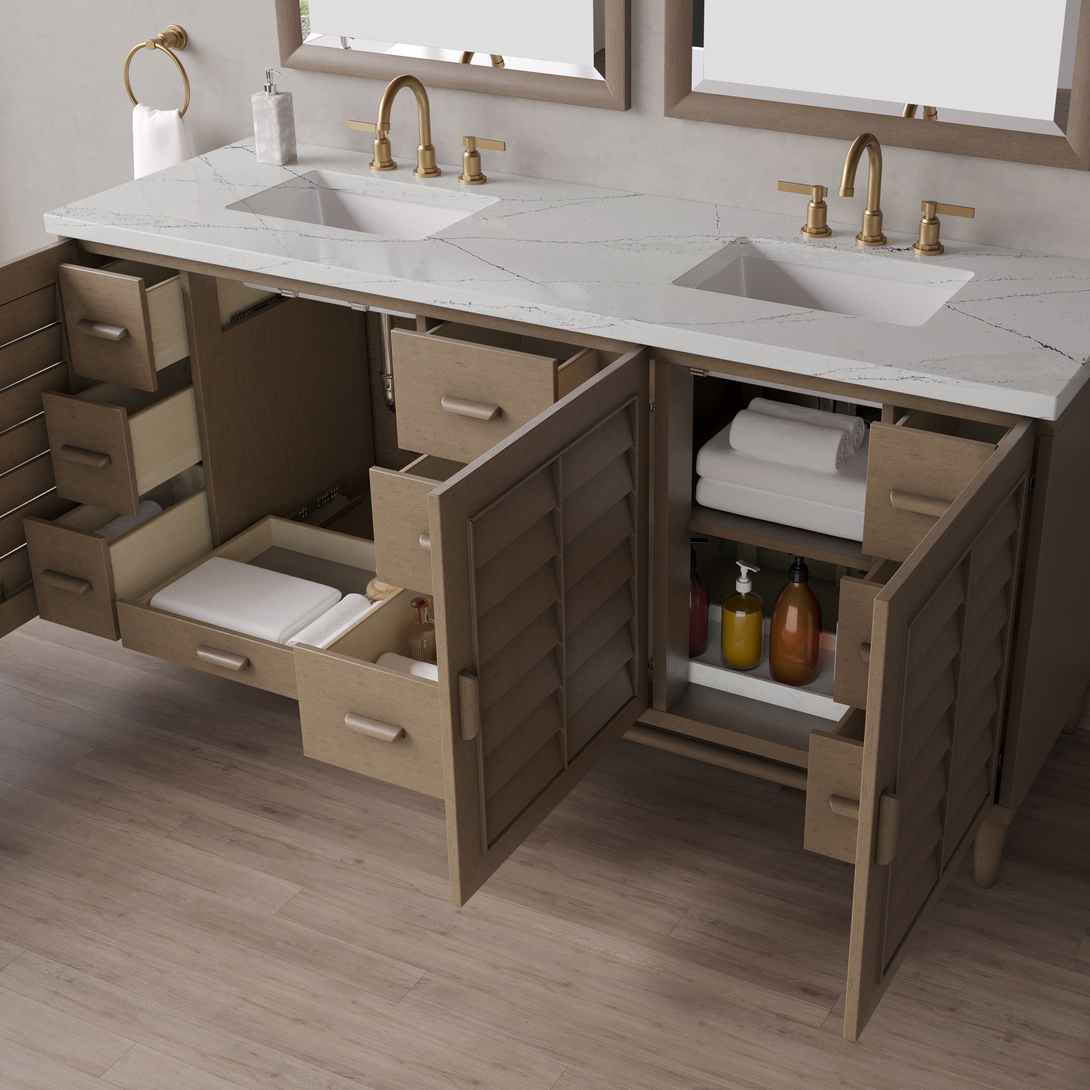 James Martin Portland 72" Double Vanity in Whitewashed Walnut with 3cm Countertop and FreePower Wireless Charger