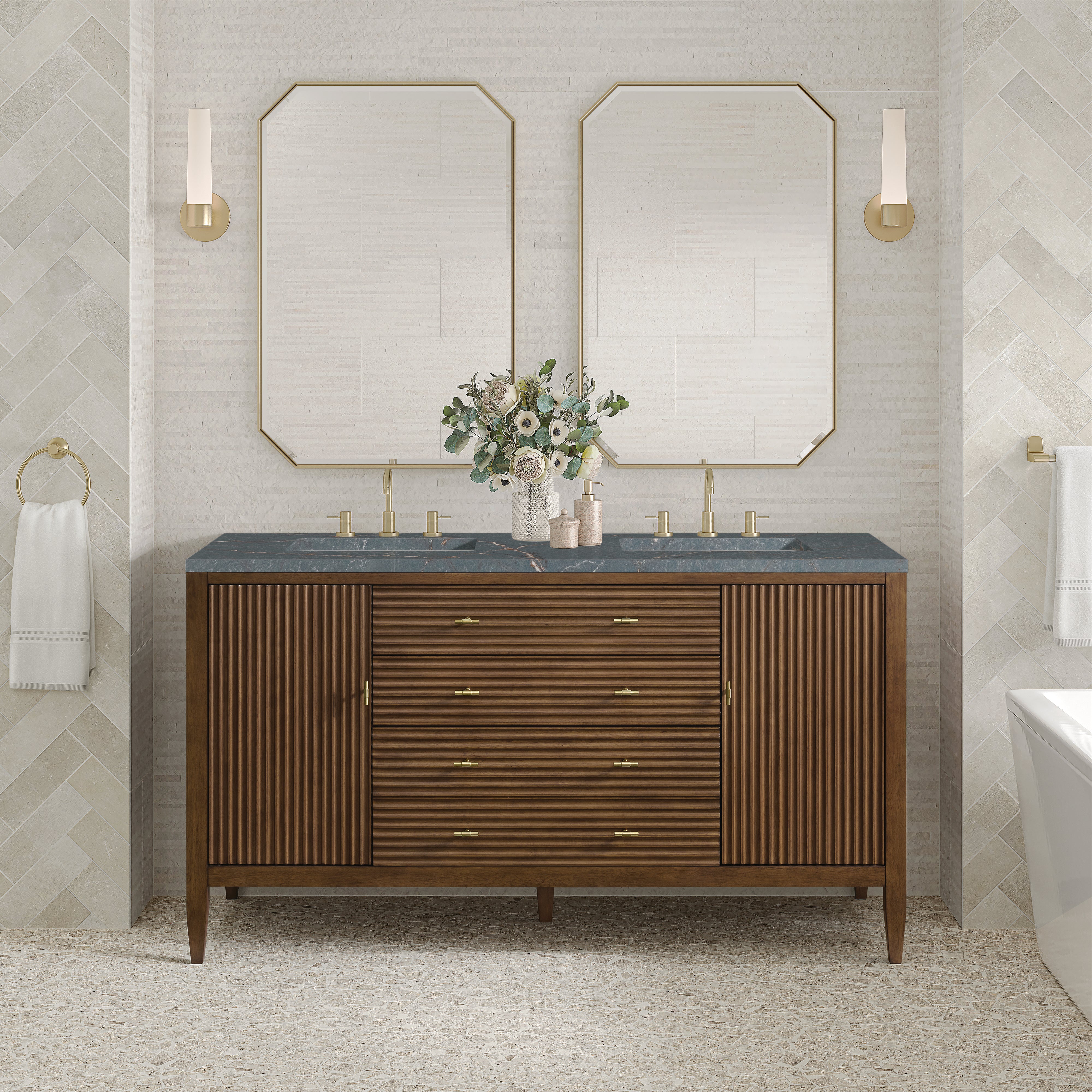 James Martin Myrrin 60" Double Vanity in Mid Century Walnut with 3cm Countertop