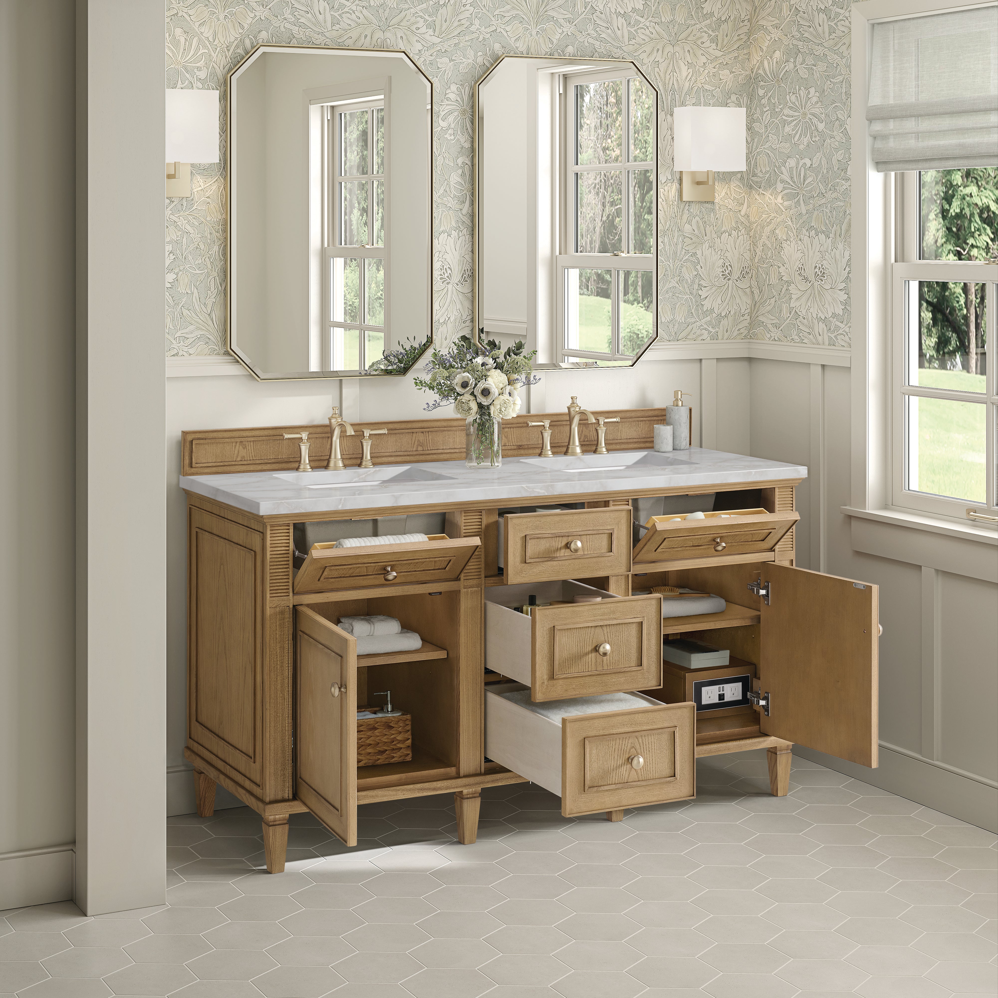James Martin Lorelai 60" Double Vanity in Light Natural Oak with 3cm Countertop and FreePower Wireless Charger