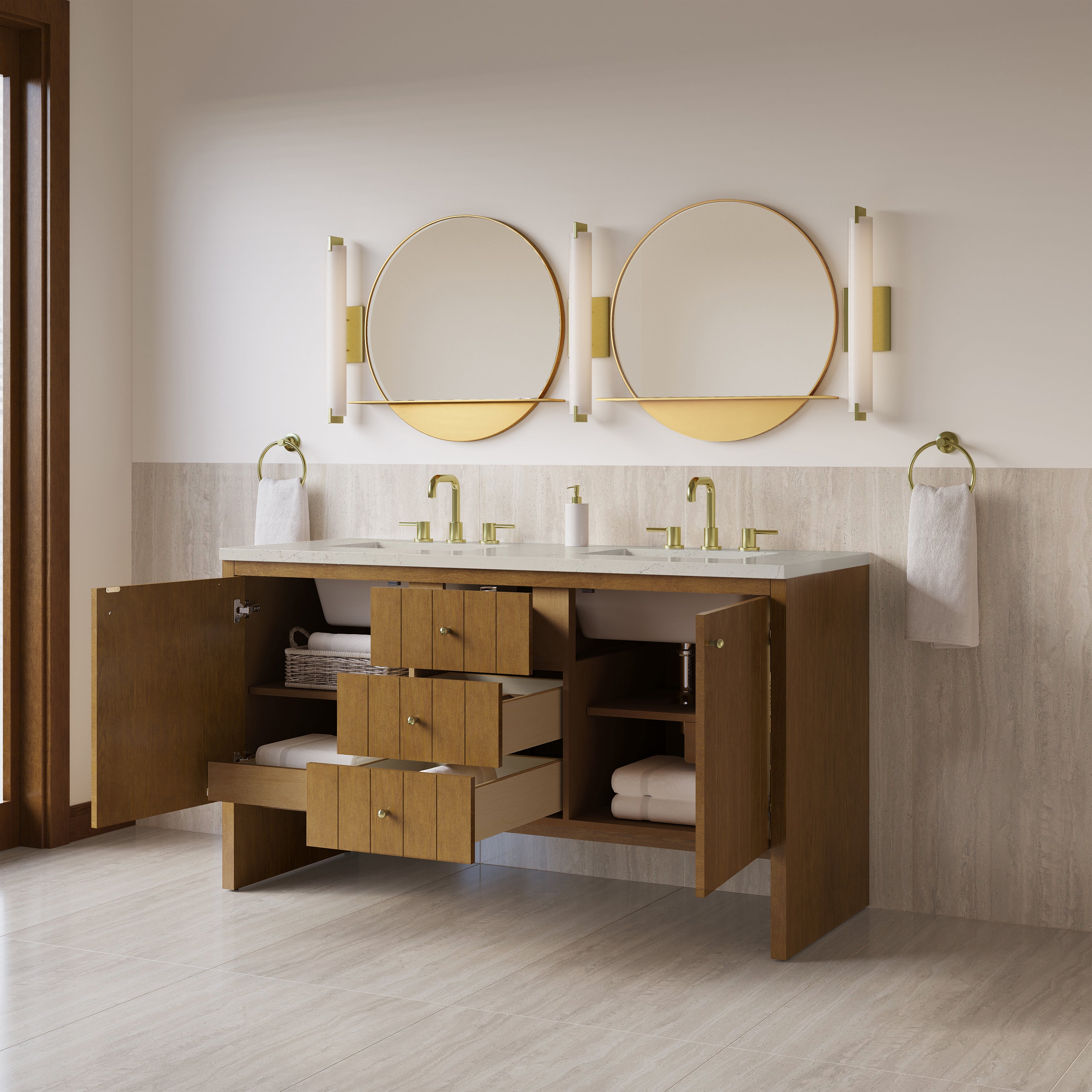 James Martin Hudson 60" Double Vanity in Honey Oak with 3cm Countertop and FreePower Wireless Charger
