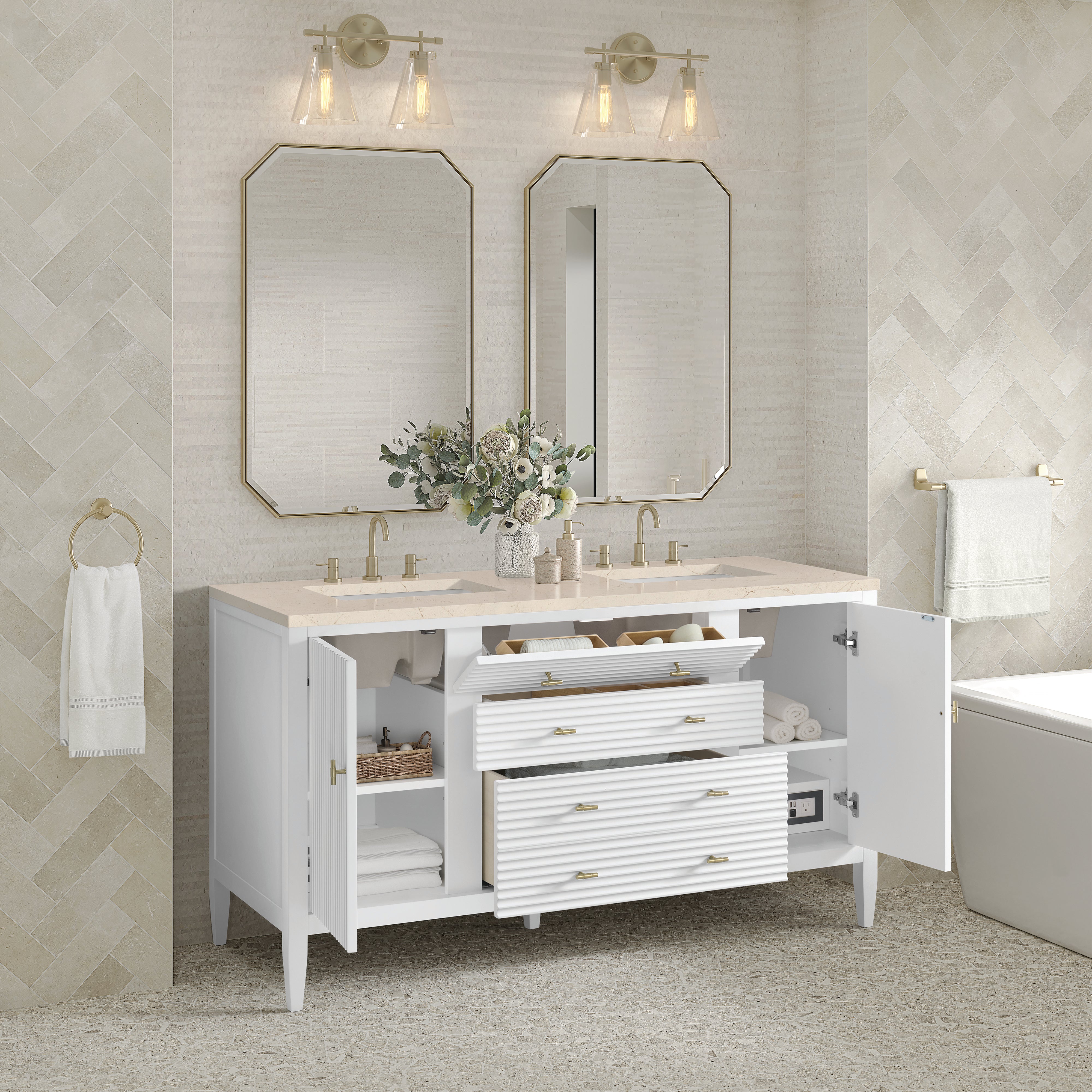 James Martin Myrrin 60" Double Vanity in Bright White with 3cm Countertop