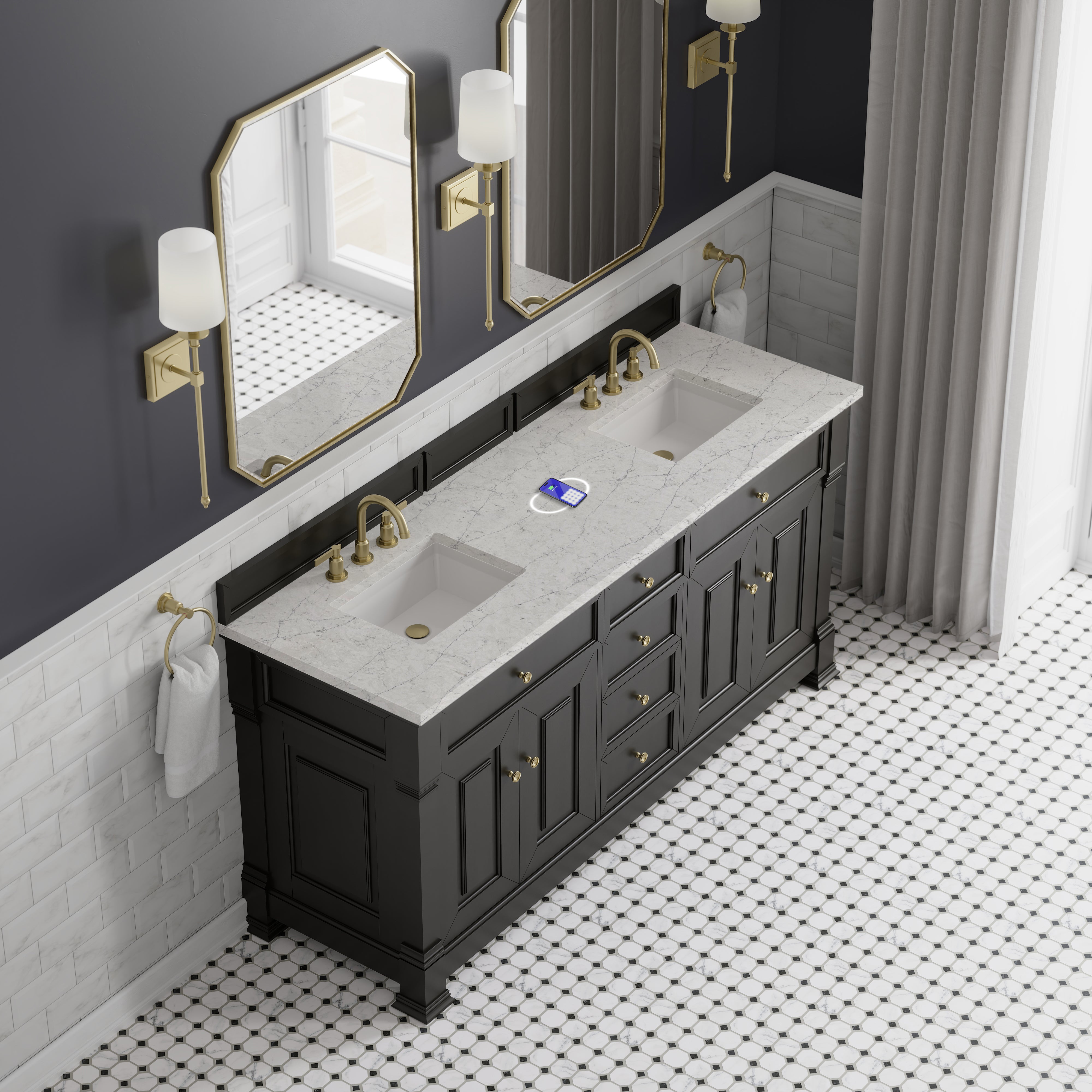 James Martin Brookfield 72" Double Vanity in Black Onyx with 3cm Countertop and FreePower Wireless Charger