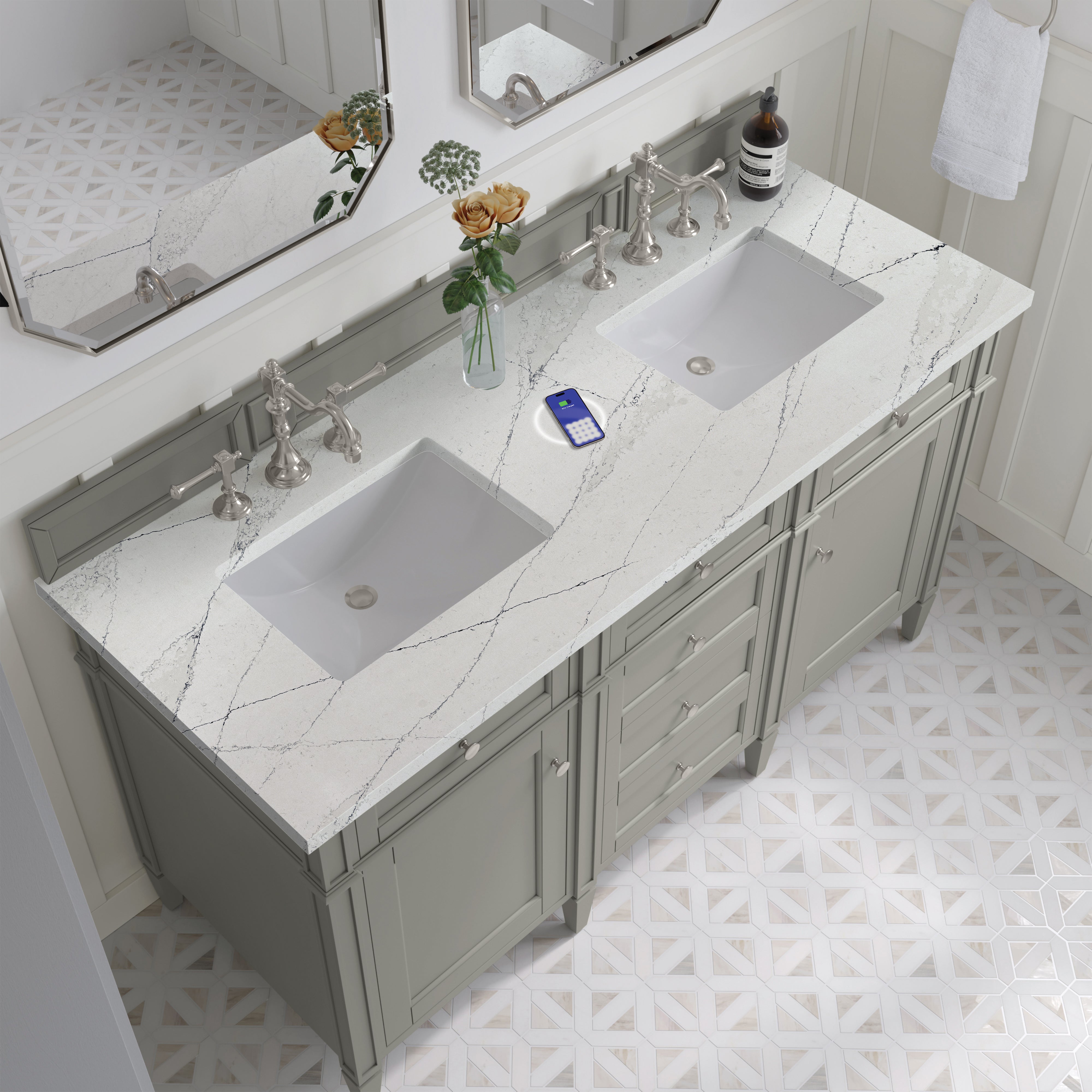 James Martin Brittany 60" Double Vanity in Urban Gray with 3cm Countertop and FreePower Wireless Charger