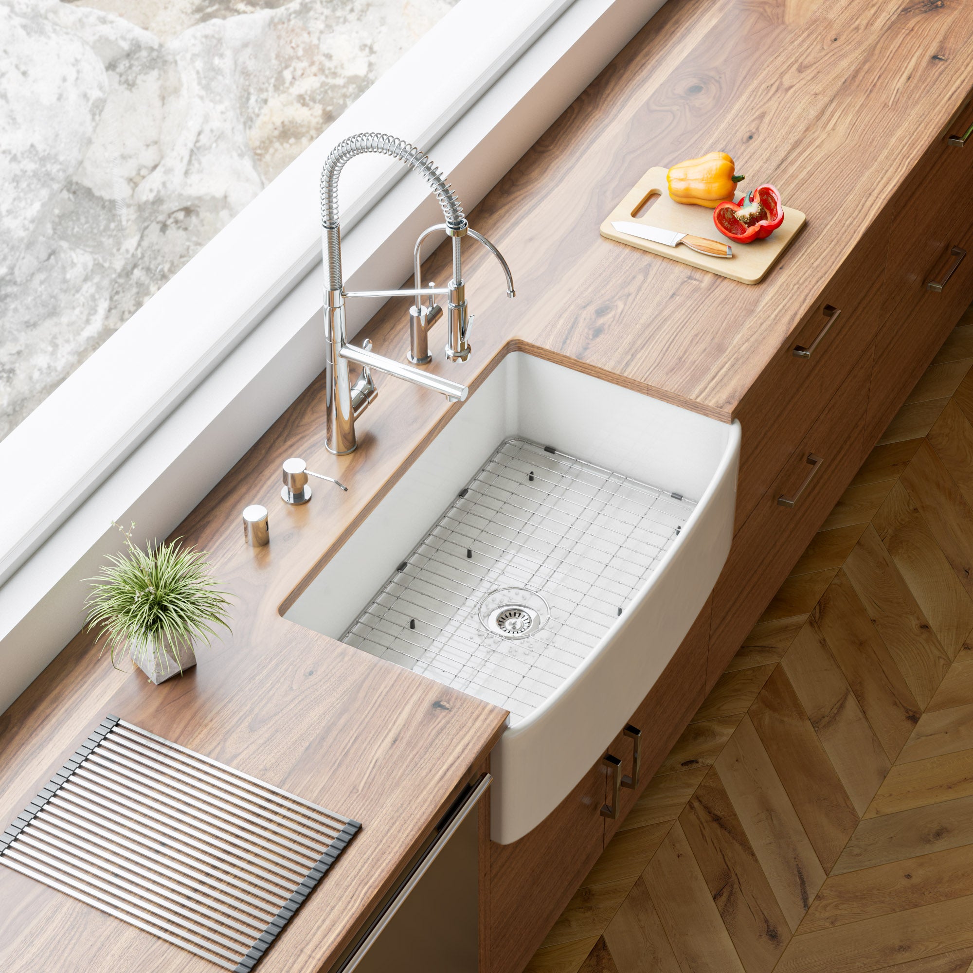 ALFI brand ABFC3320S ABFC3320S-W White Smooth Curved Apron 33" x 20" Single Bowl Fireclay Farm Sink with Grid