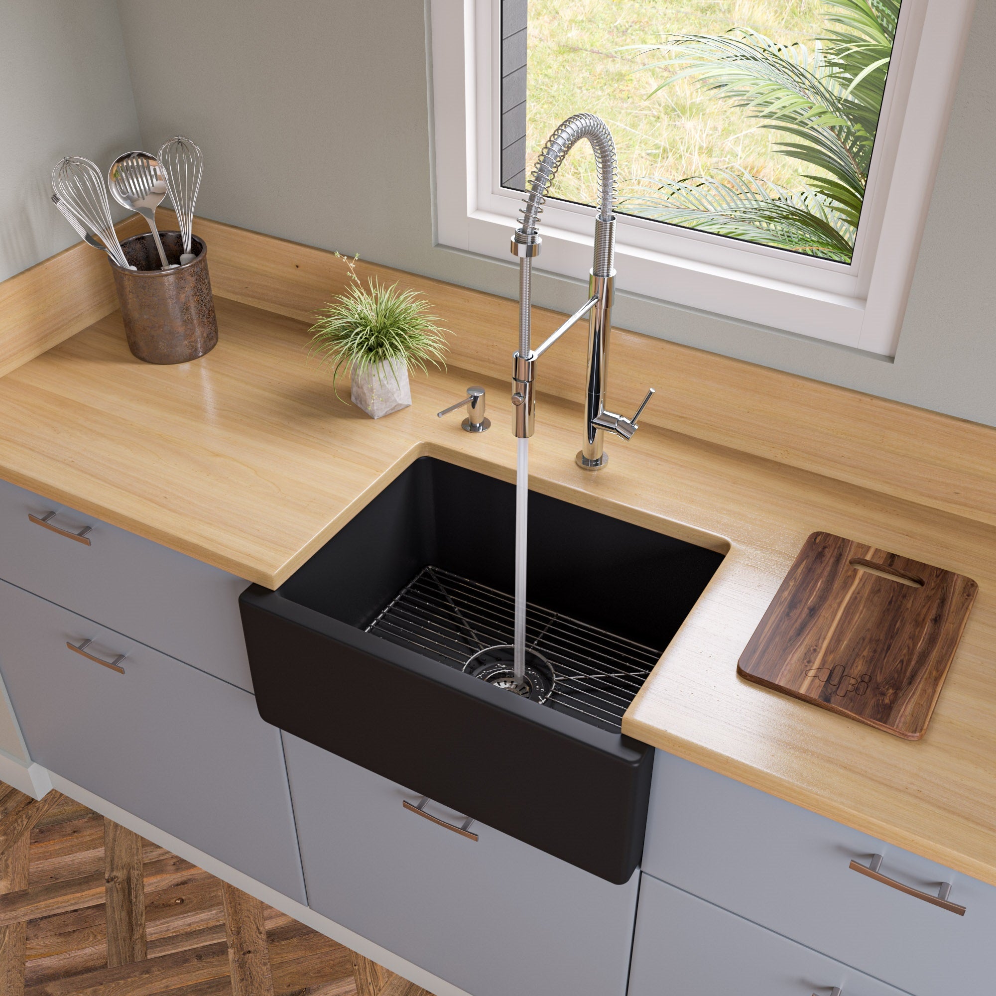 ALFI brand AB2418HS 24" Reversible Smooth / Fluted Single Bowl Fireclay Farm Sink – Biscuit, Black Gloss, Black Matte, White