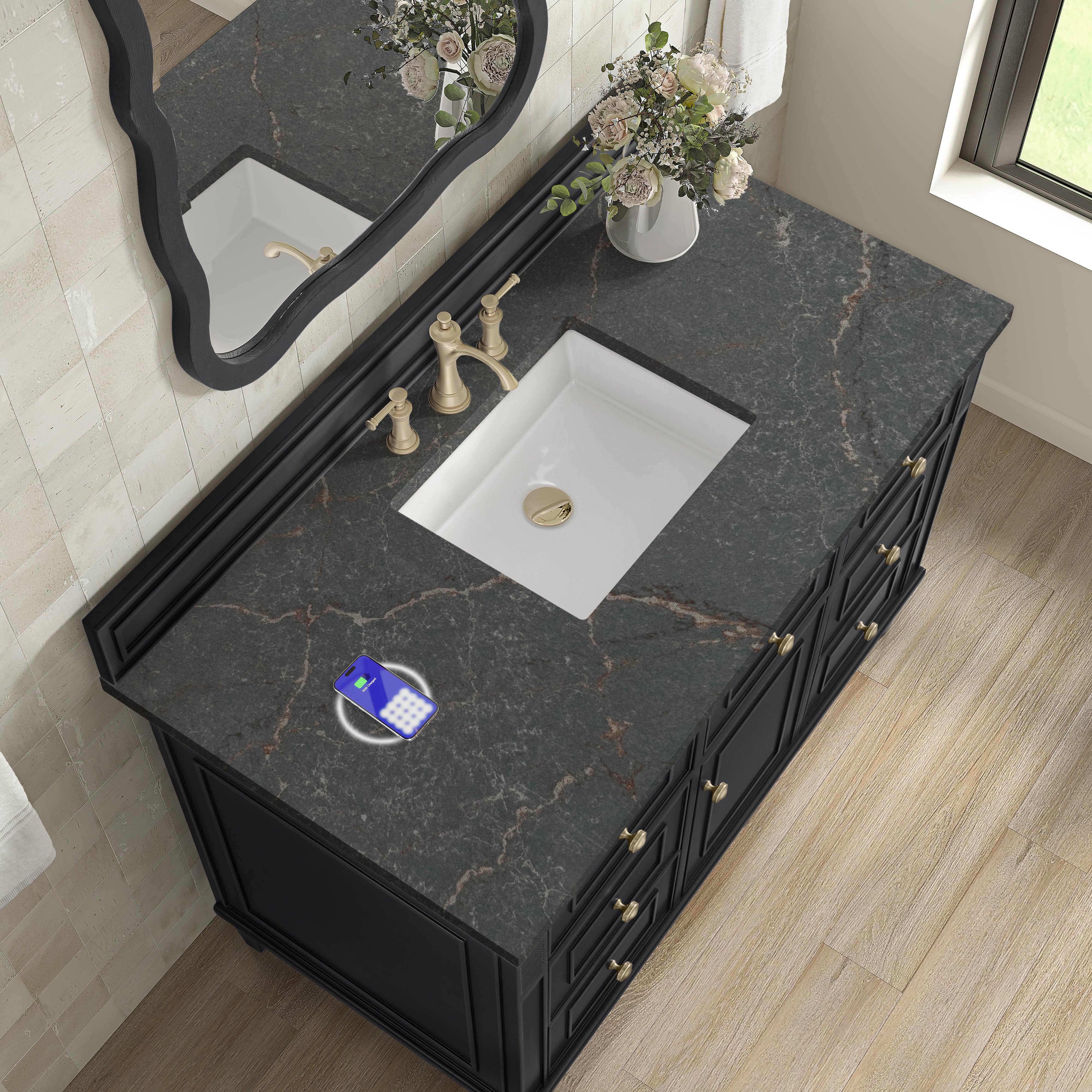 James Martin Lorelai 48" Single Vanity in Black Onyx with 3cm Countertop and FreePower Wireless Charger
