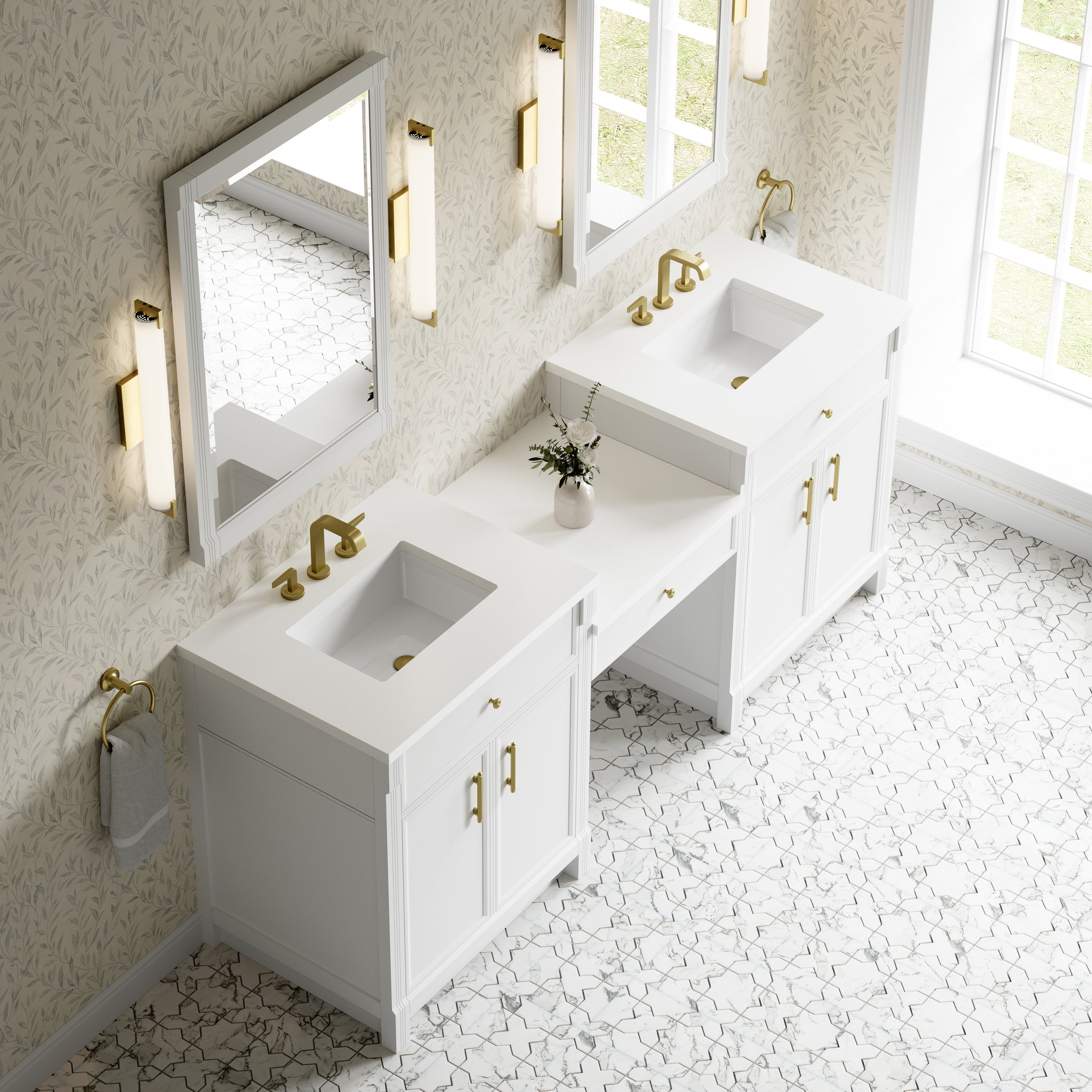 James Martin Bellshire 84" Dual Vanity Set with 24" Make-Up Counter in Bright White with 3cm Countertop